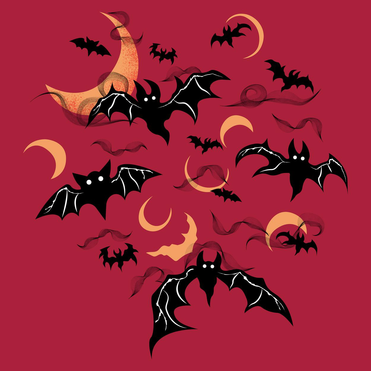 BATS & SPOOKY MOONS PRINT - CRIMSON RED