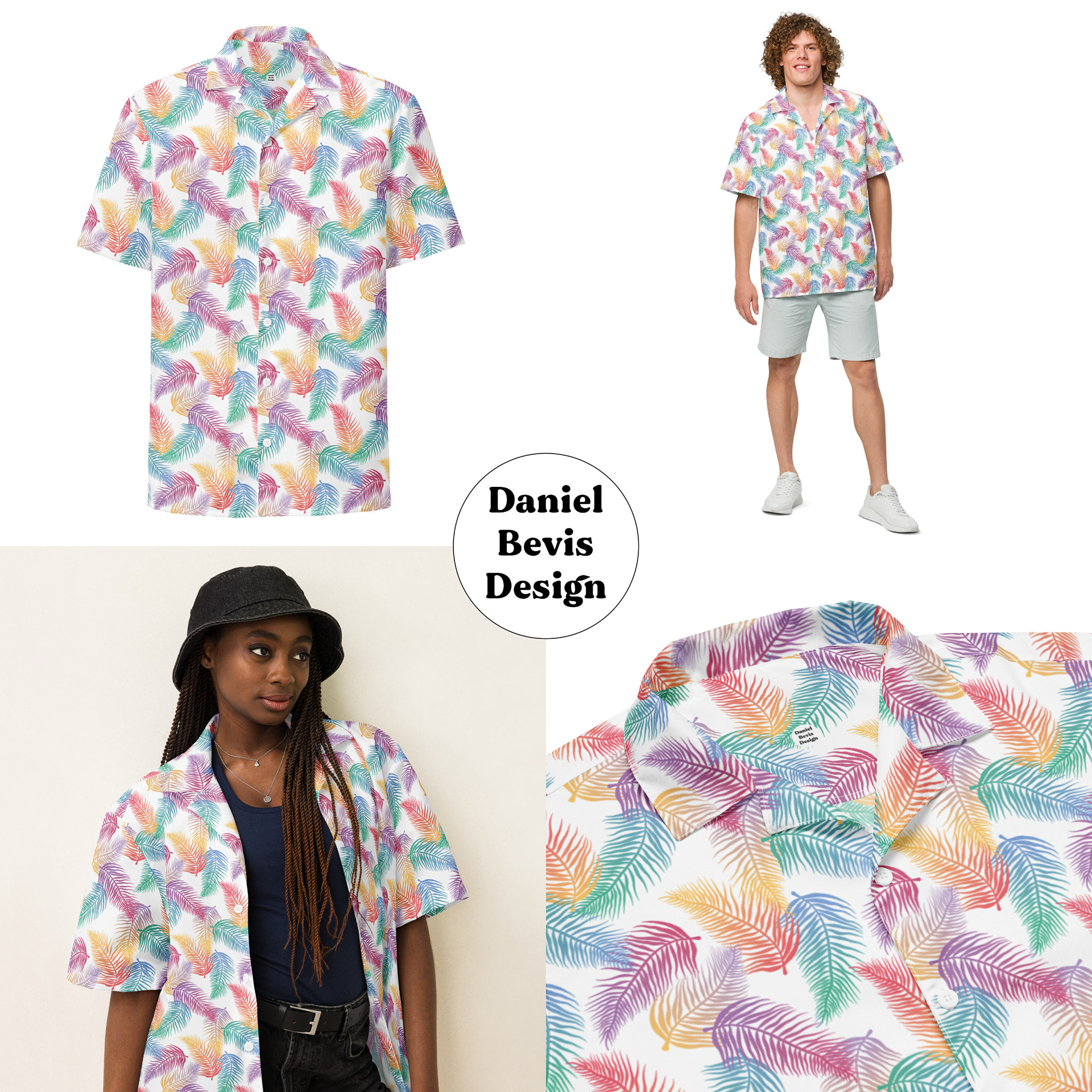 RAINBOW TROPICAL PALM PRINT - WHITE_UNISEX BUTTON SHIRTS MOCKUPS COLLAGE