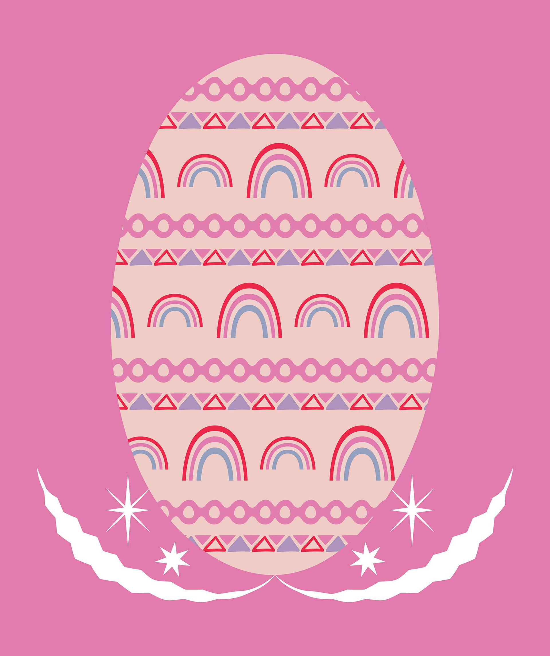 RAINBOW ORNATE FUCHSIA PINK, RED LAVENDER AND CREAM EASTER EGG PRINT - BLACK