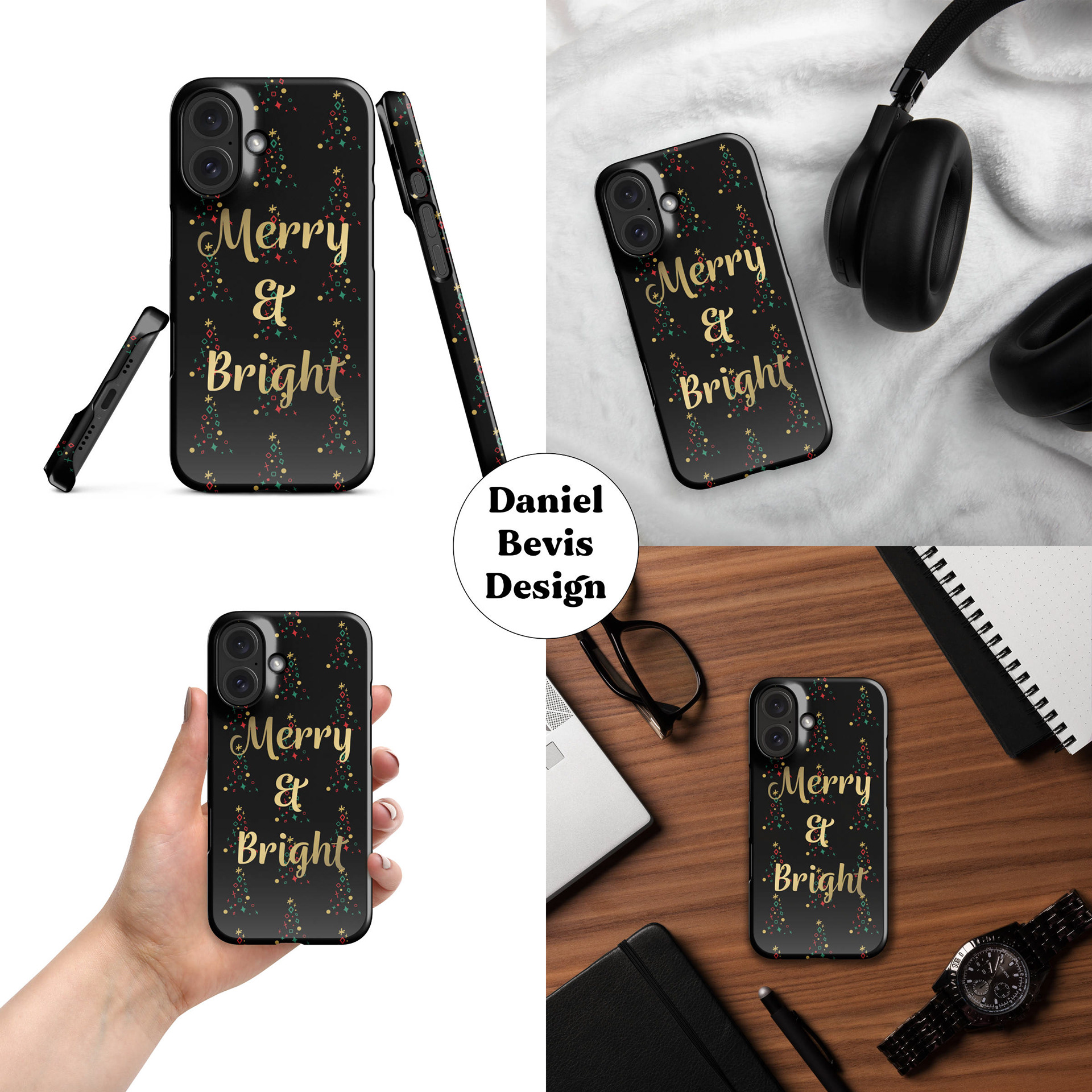 MERRY & BRIGHT XMAS TREES BLACK_IPHONE CASE MOCKUP COLLAGE