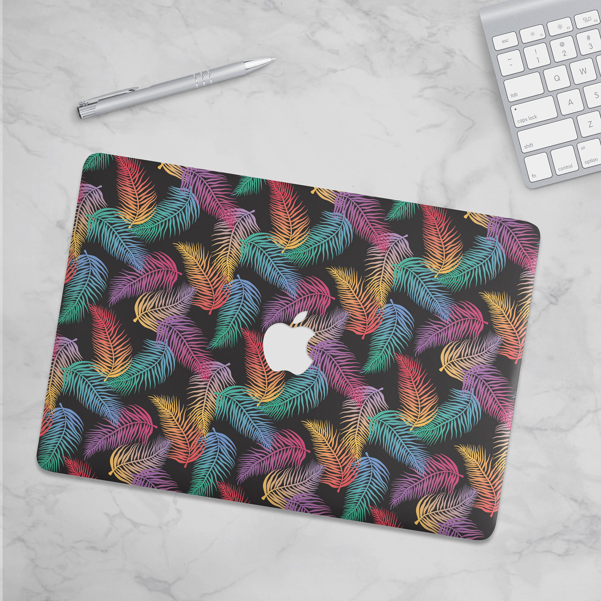 RAINBOW TROPICAL PALMS PRINT - BLACK_MACBOOK SKIN MOCKUP