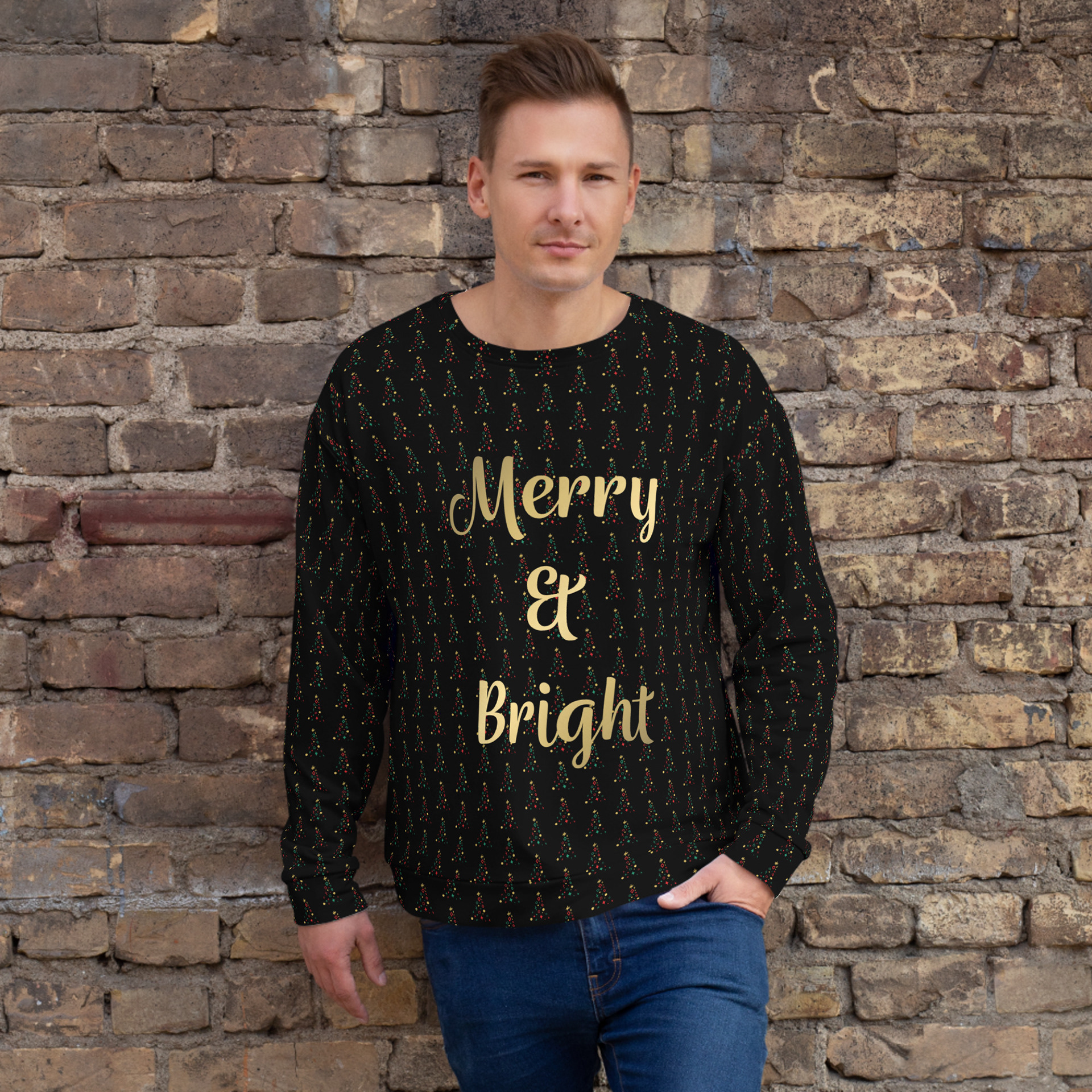 MERRY & BRIGHT - XMAS TREES BLACK_UNISEX SWEATER