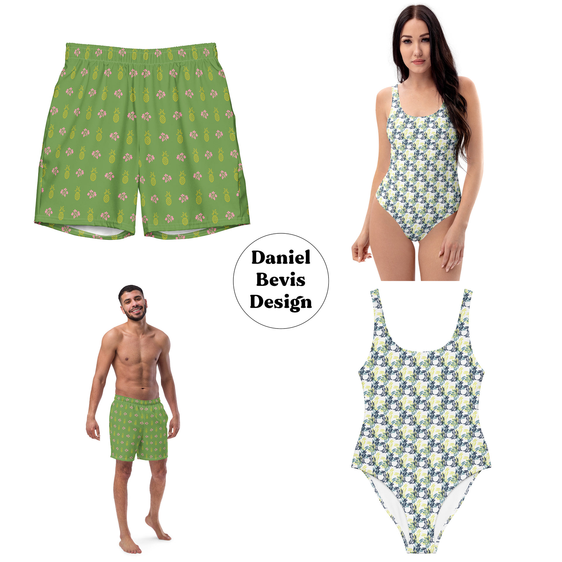 HIBISCUS & PINEAPPLES - SUMMER GARDEN_SWIM TRUNKS & ABSTRACT BUTTERFLIES - TROPICAL YELLOW AND BLUE ONE-PIECE SWIMSUIT