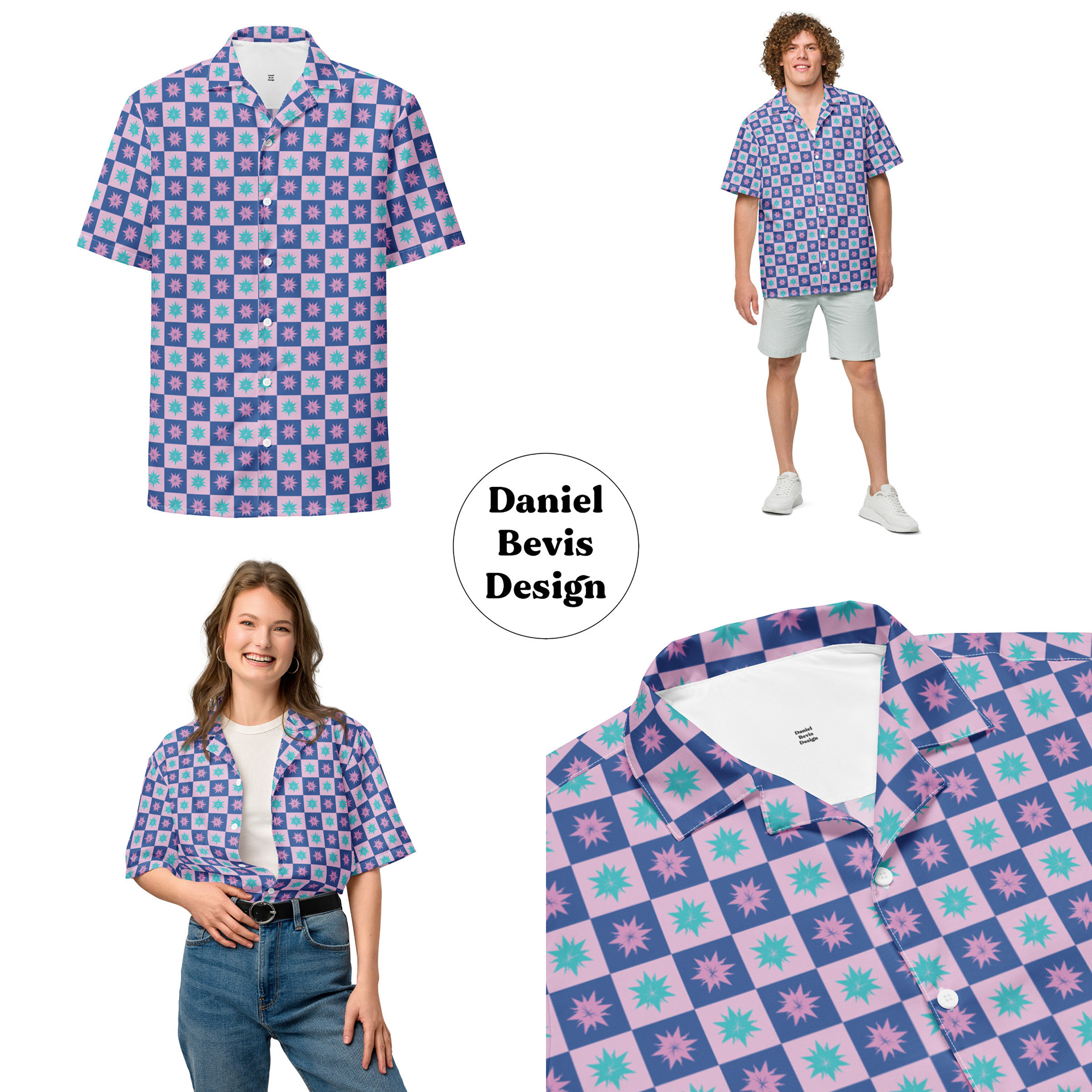 CHECKER STARBURSTS - WATER MAGIC_UNISEX BUTTON SHIRTS MOCKUPS COLLAGE