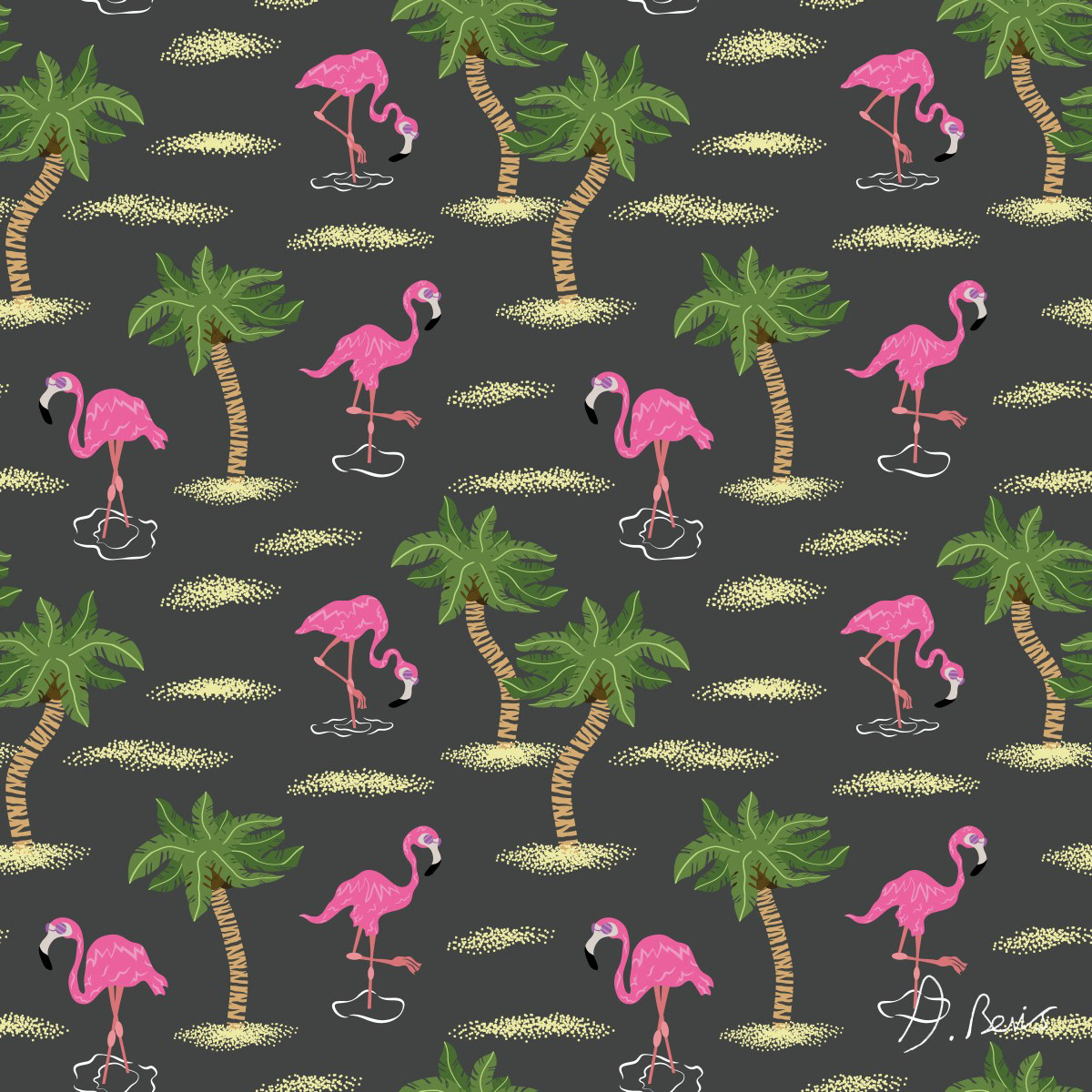 TROPICAL FLAMINGOS PATTERN [DARK GREY]