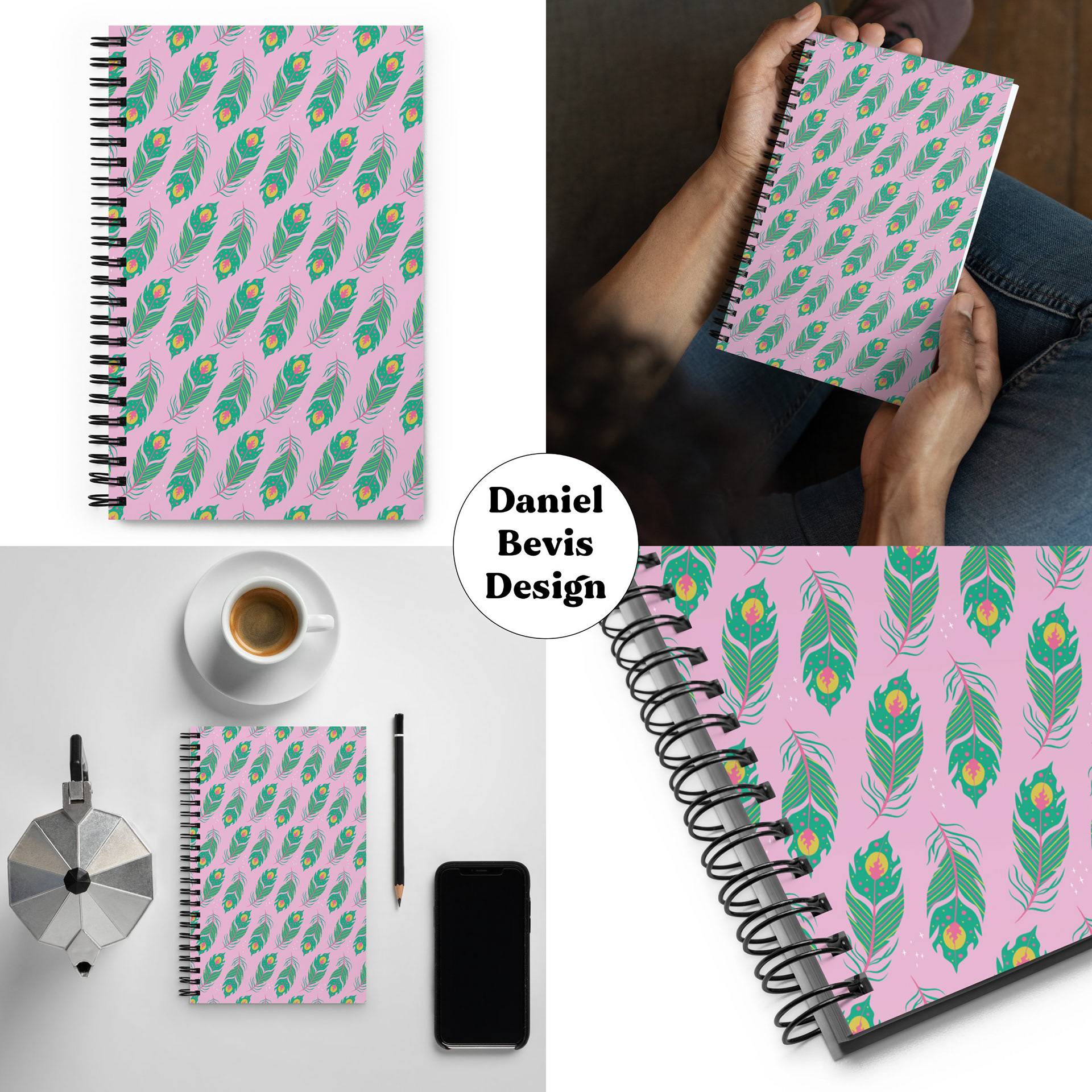 PHOENIX FEATHERS - SPRING PARADISE_SPIRAL NOTEBOOK MOCKUPS COLLAGE
