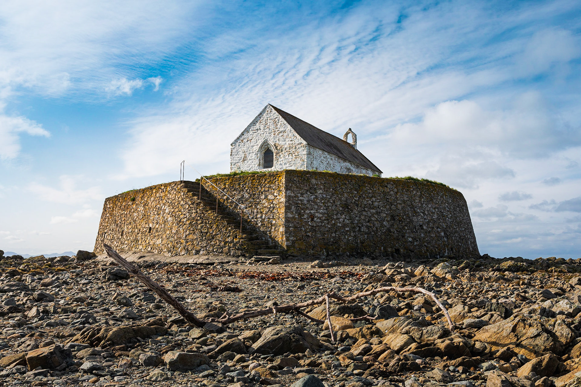 Church of St. Cwyfan at low tide