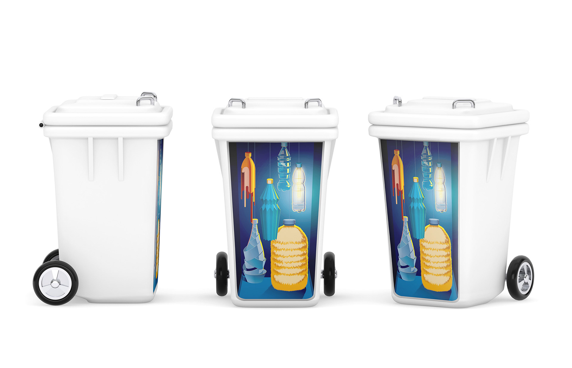 Illustrative reminder to throw away a water bottle in an airport. Illustration on a waste bin mock-up.