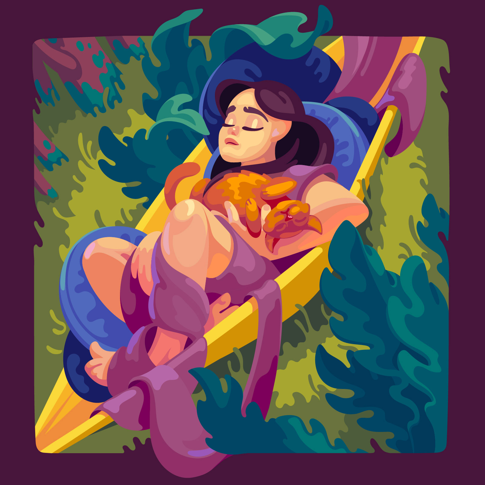 Hammock girl - vector illustration by Saali Art. An illustration of a girl sleeping in a hammock with her cat, surrounded by greenery, pillows and fabric.