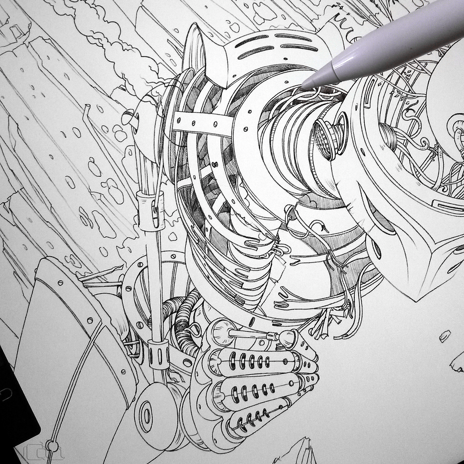 Dead rusting robot lying in a forest. Illustration sketch.