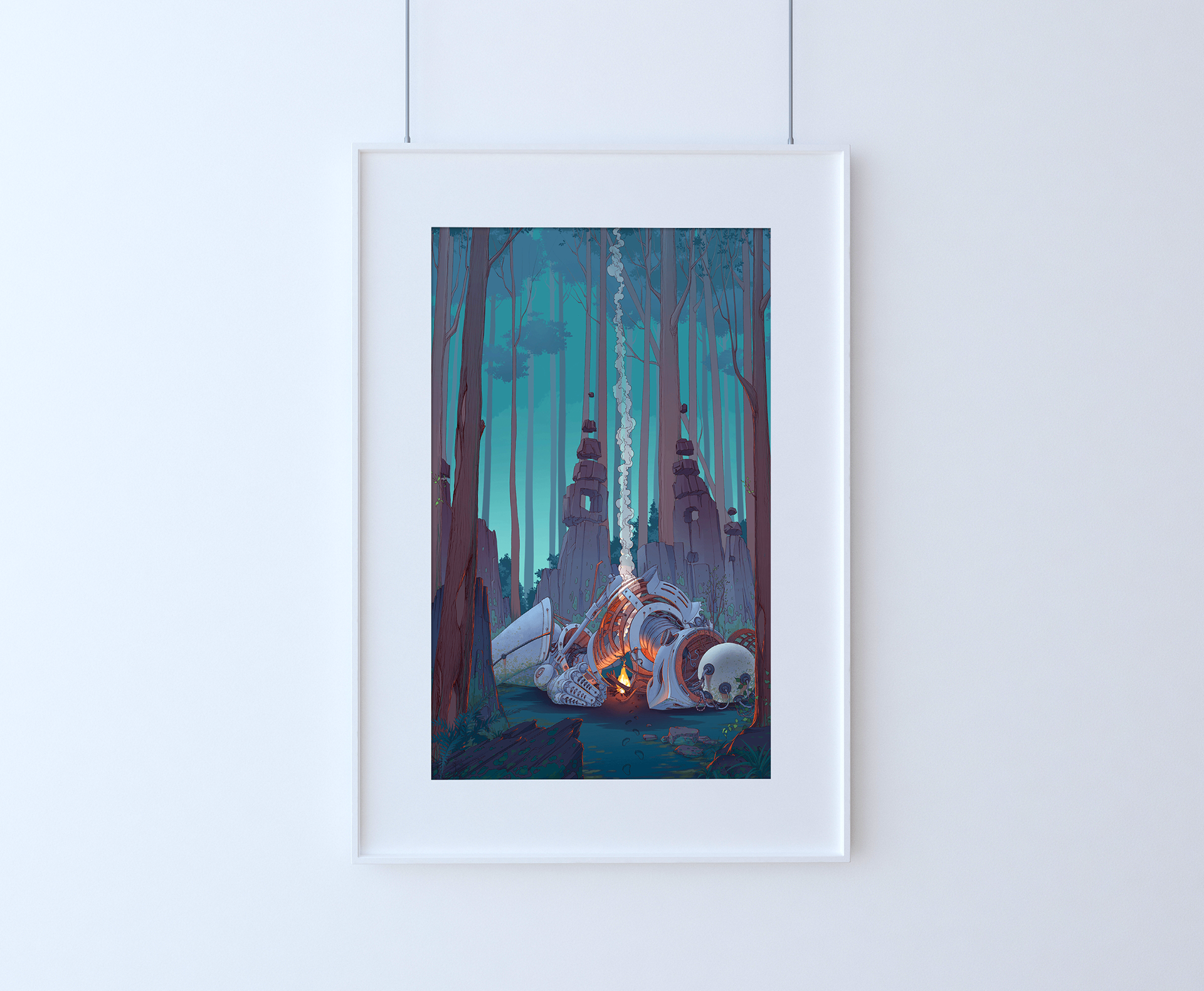 Dead rusting robot lying in a forest, illustration to a story. Poster mock-up.