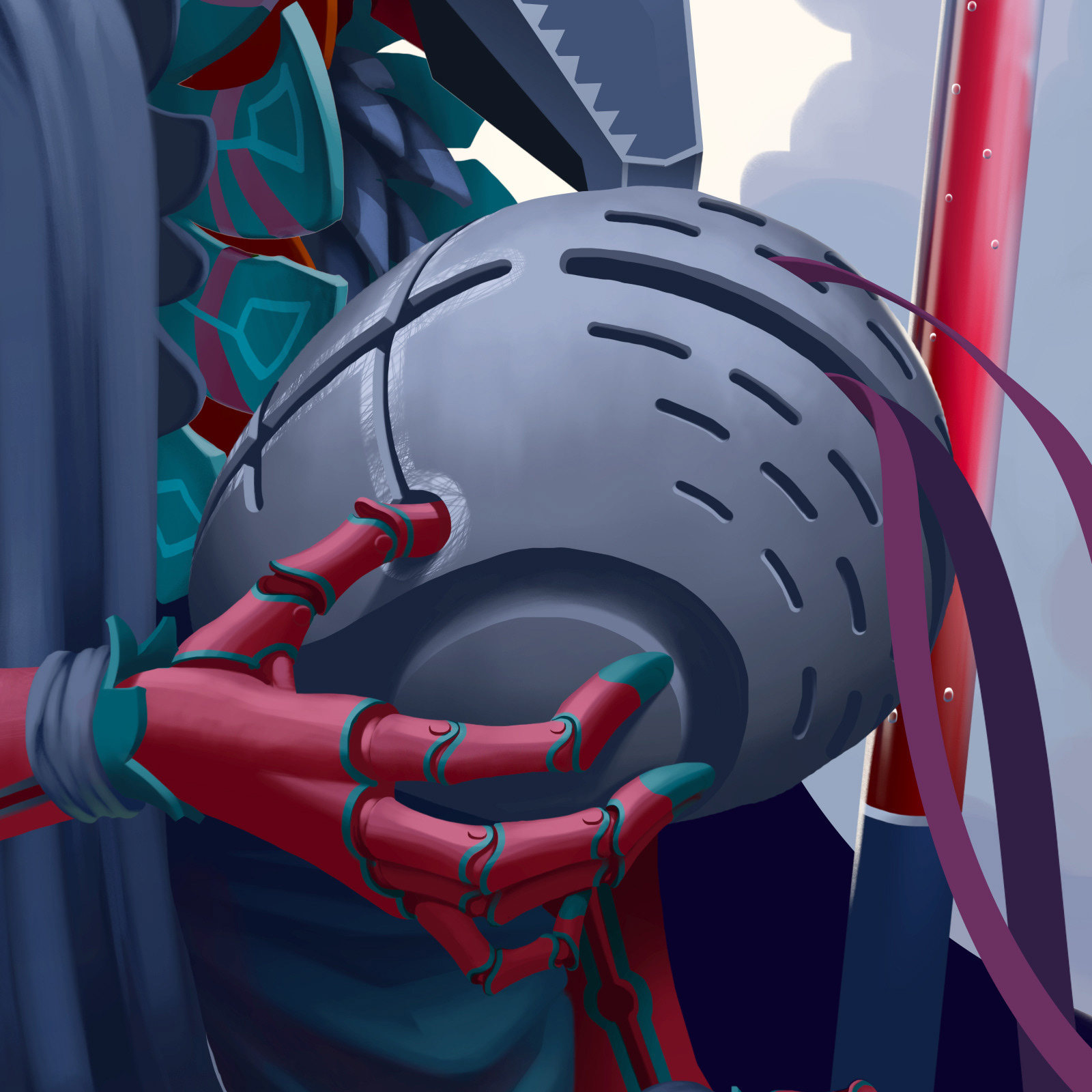 Robot-tracker character. Victim head details.