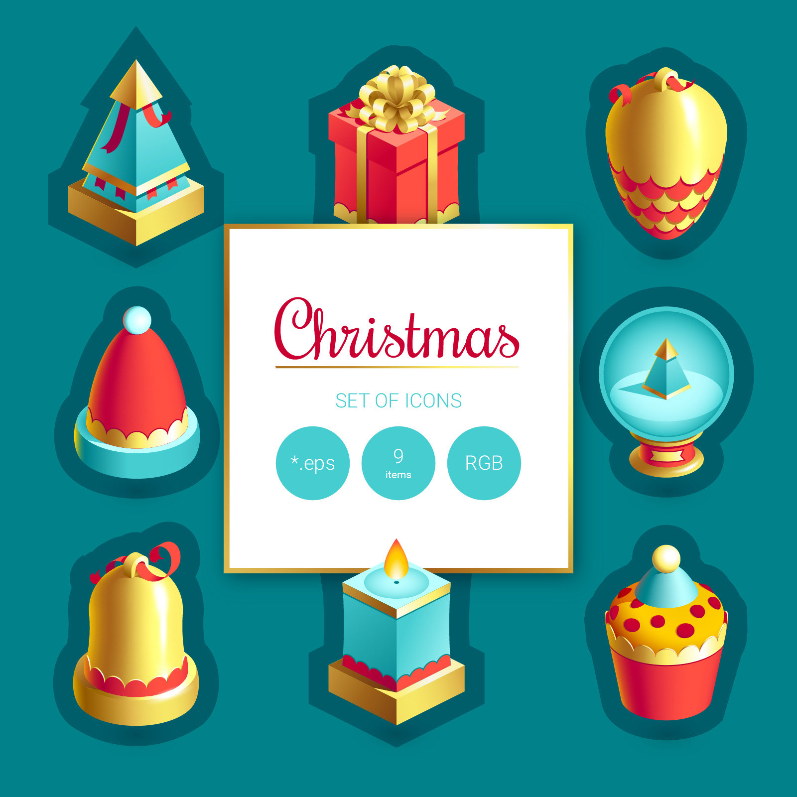 Christmas greetings set. Icons on colored BG.