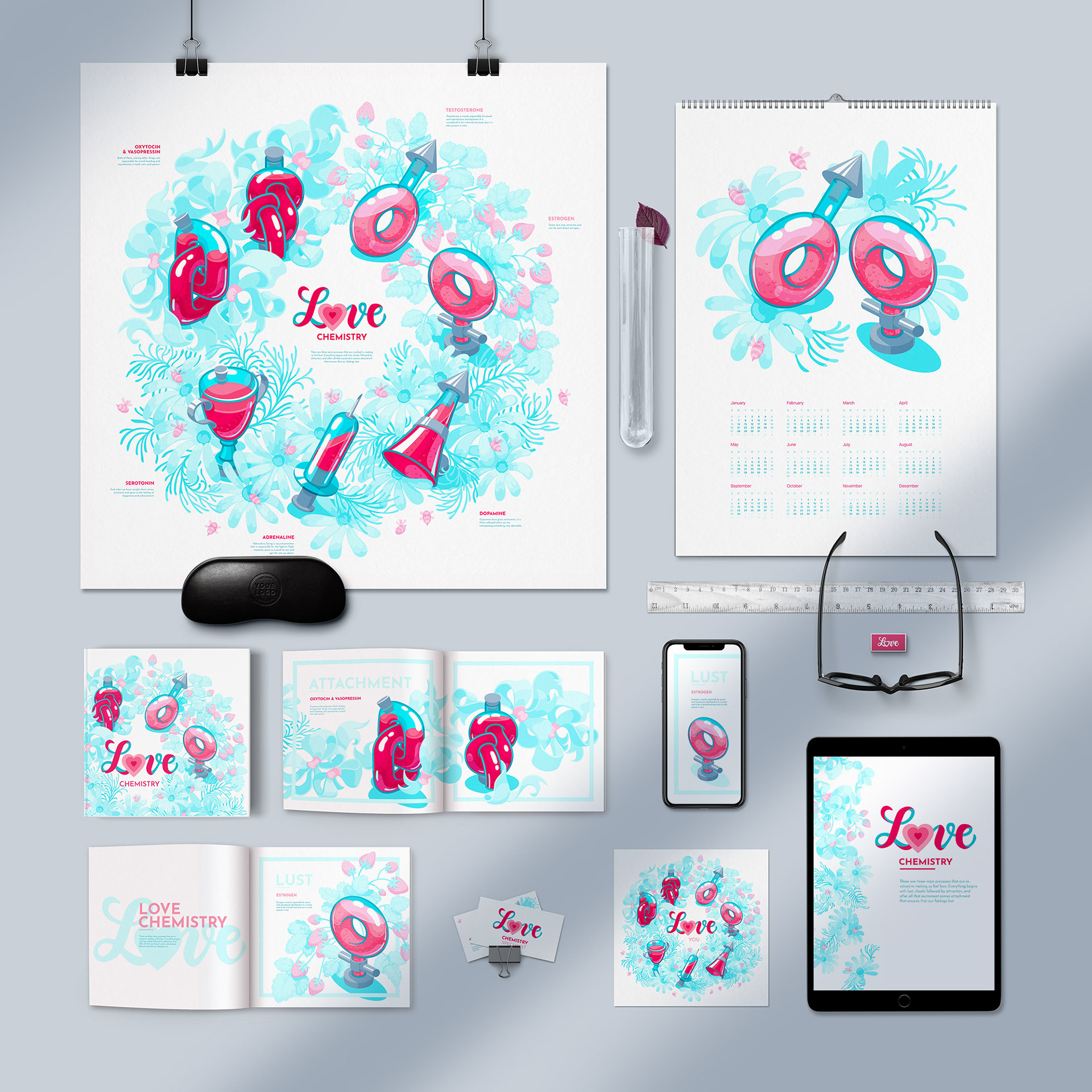 Love chemistry project branding. Set of mock-ups of paper and digital publishing products.