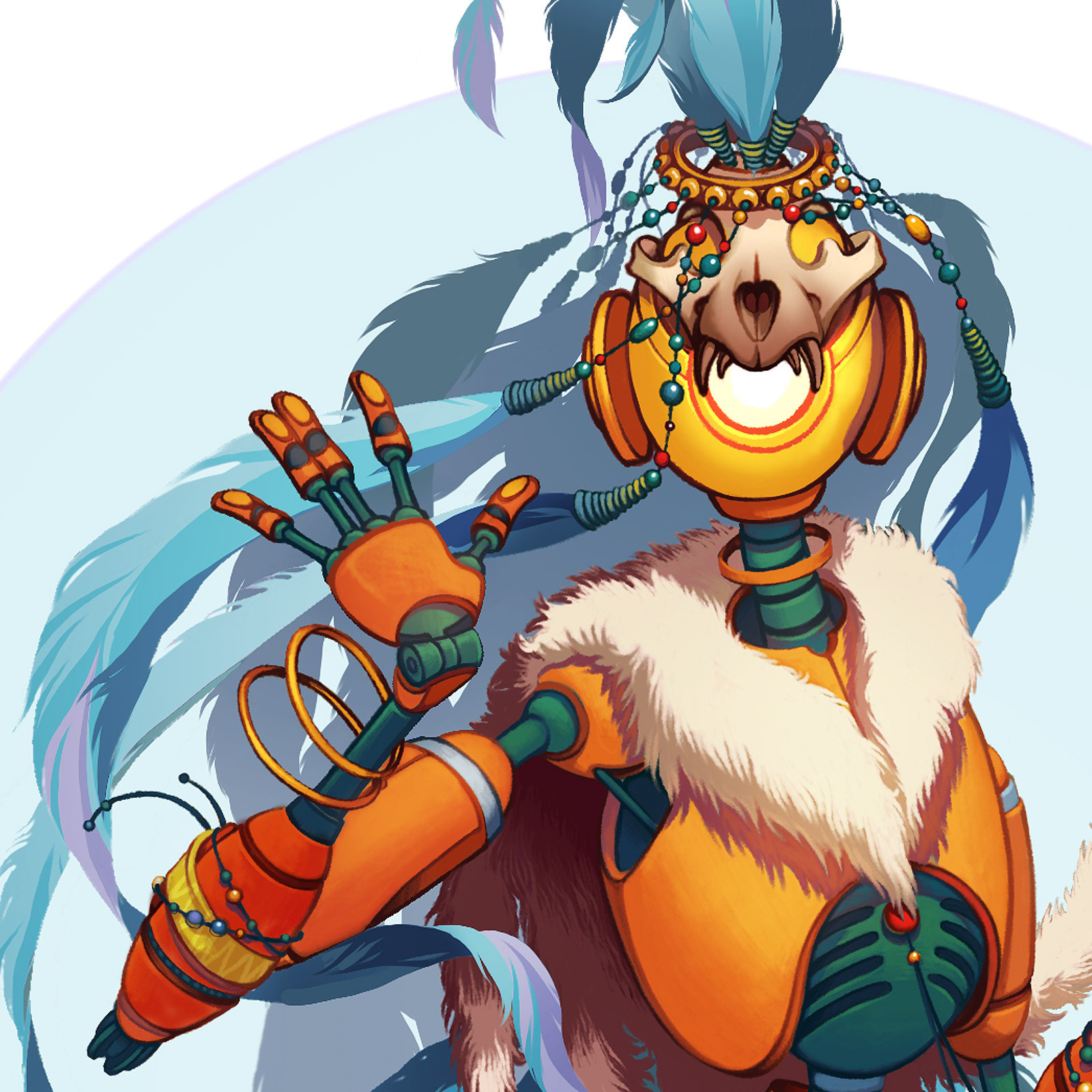 Robot-hunter character. Hand detail.