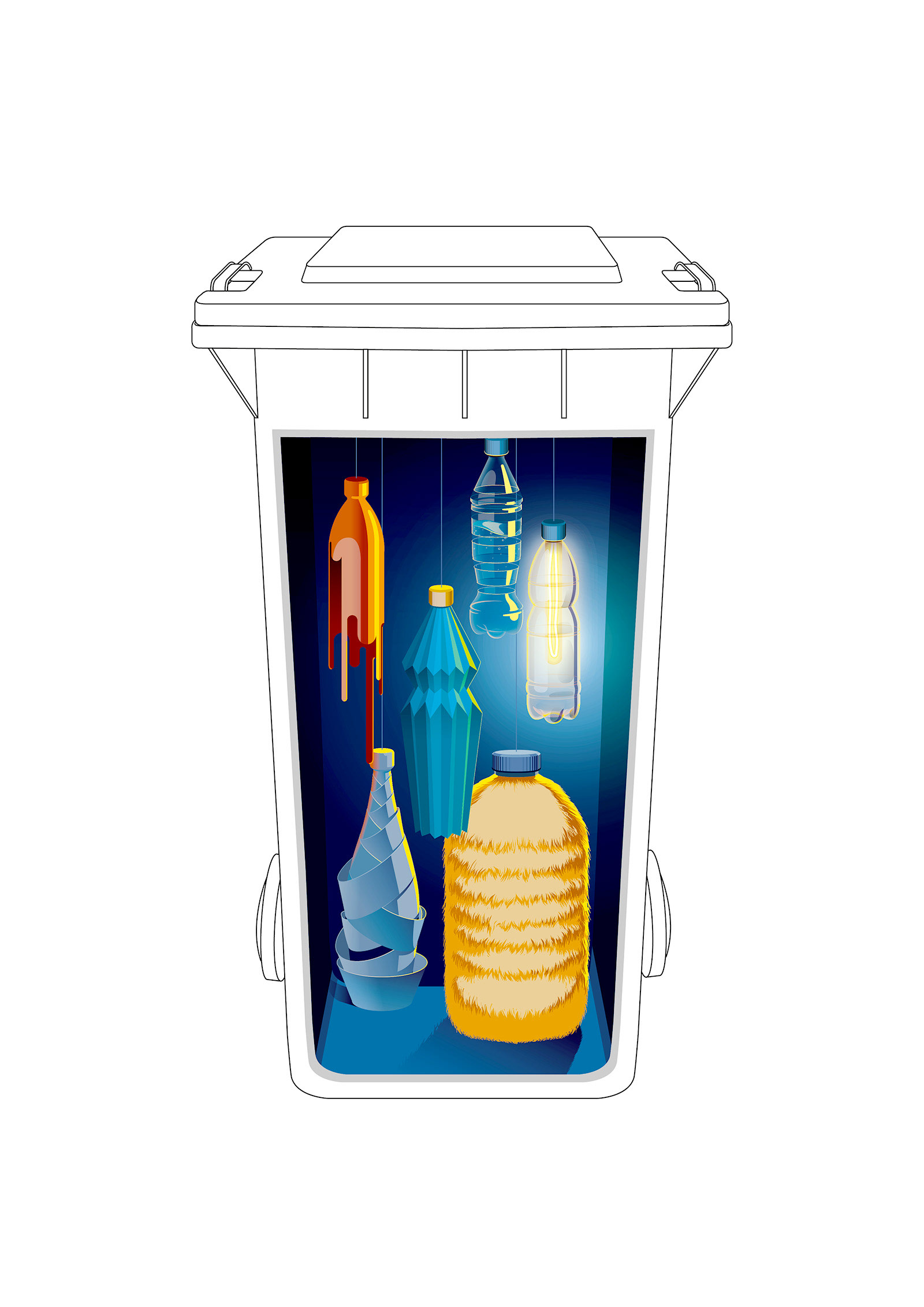 Illustrative reminder to throw away a water bottle in an airport. Visualization of the illustration on a waste bin.