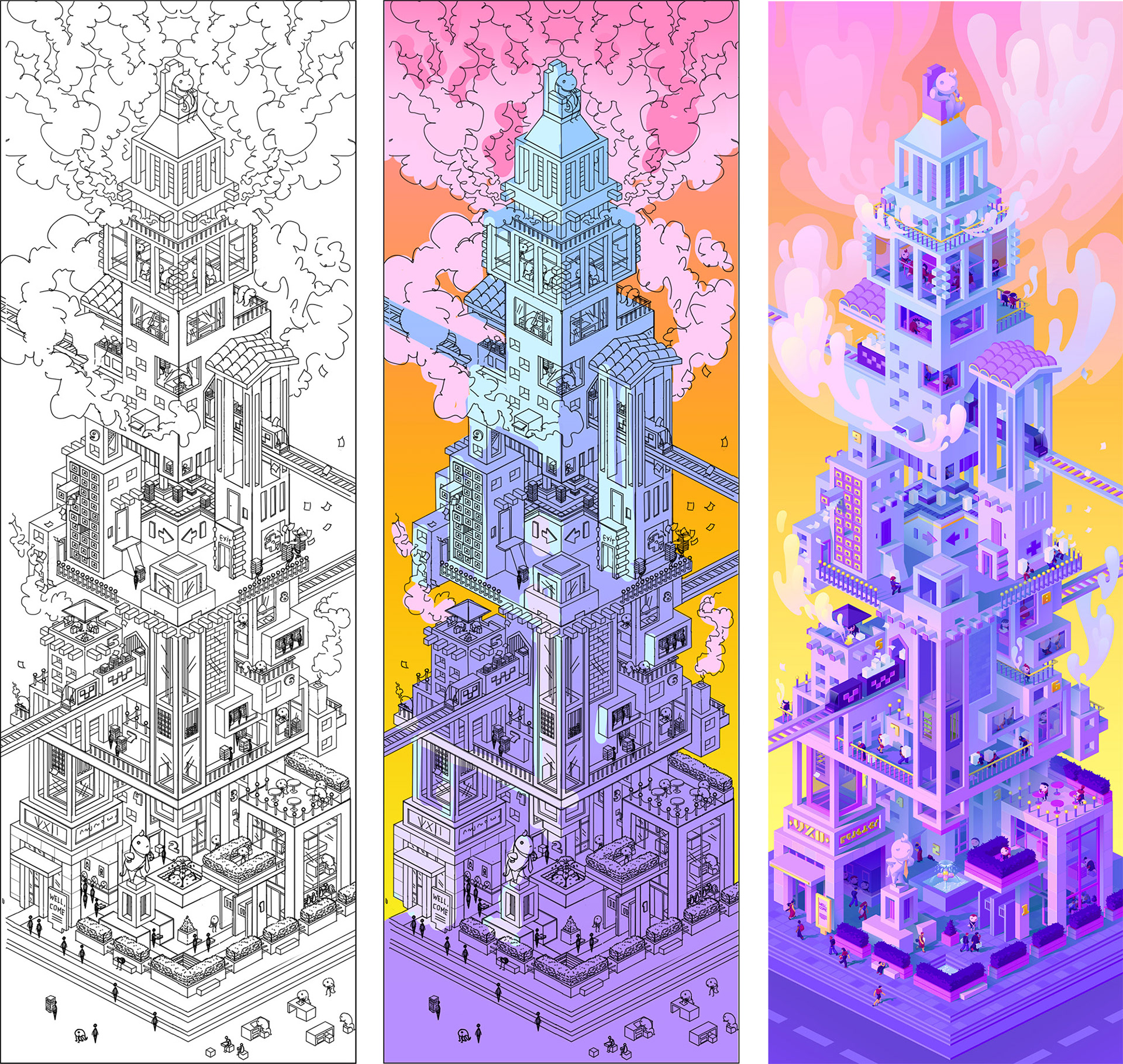 Bureaucracy tower illustration. Drawing process.