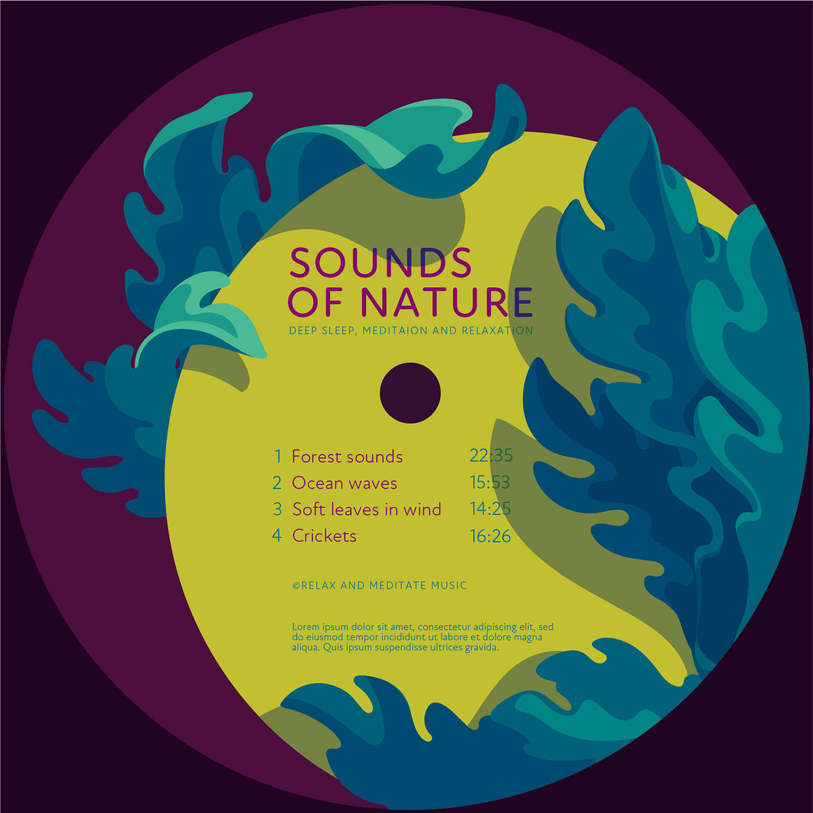 Vinyl record label design with a vector illustration of green leafs.