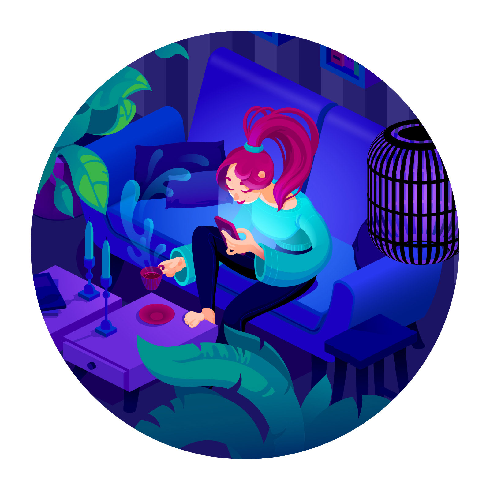 Illustration of the volunteer character sitting on a sofa.
