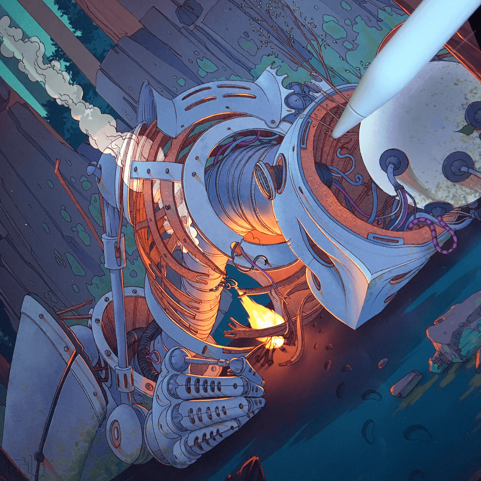 Dead rusting robot lying in a forest. Illustration process photo.