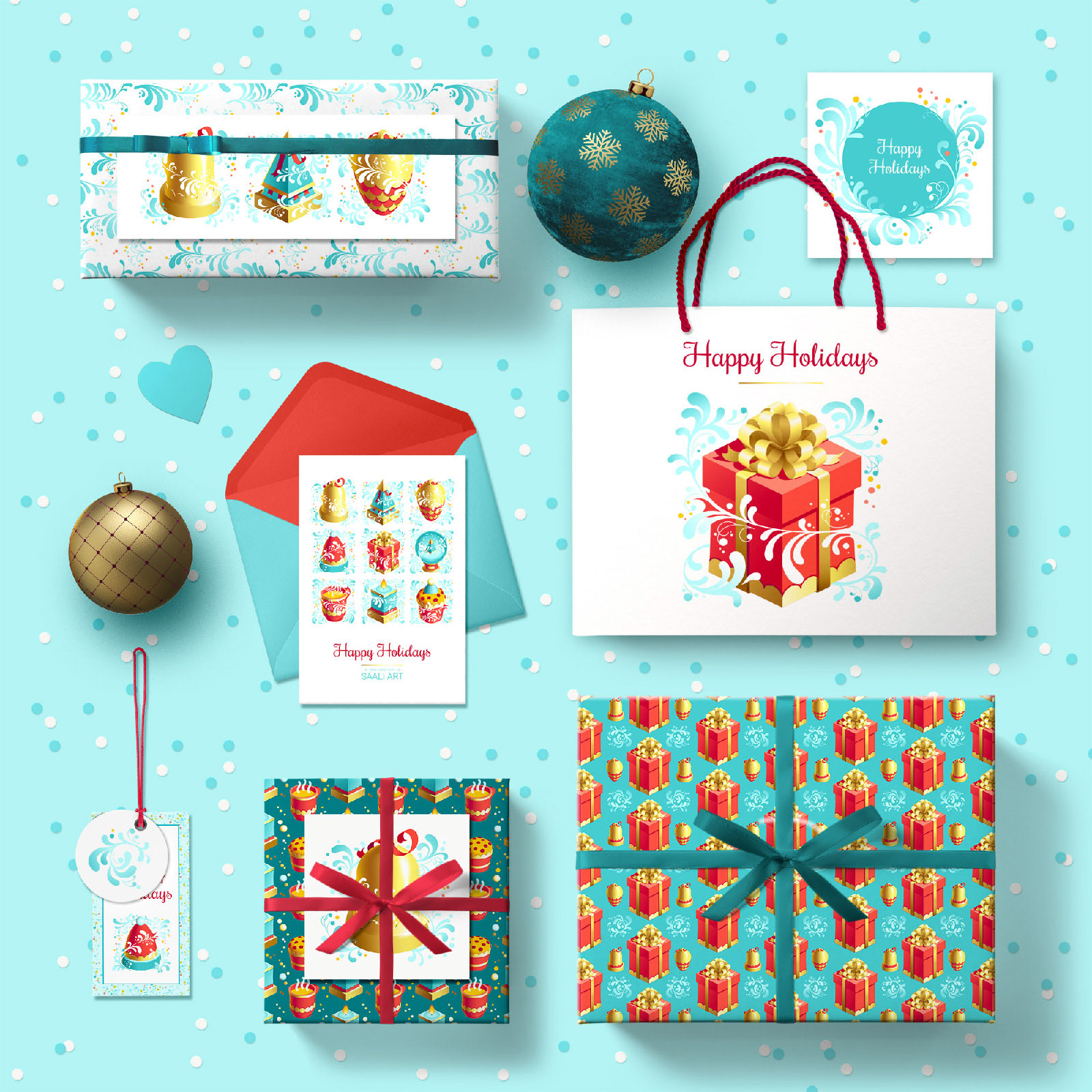 Christmas greetings set, paper products print-outs mock-up: postcards, wrapping paper, labels.