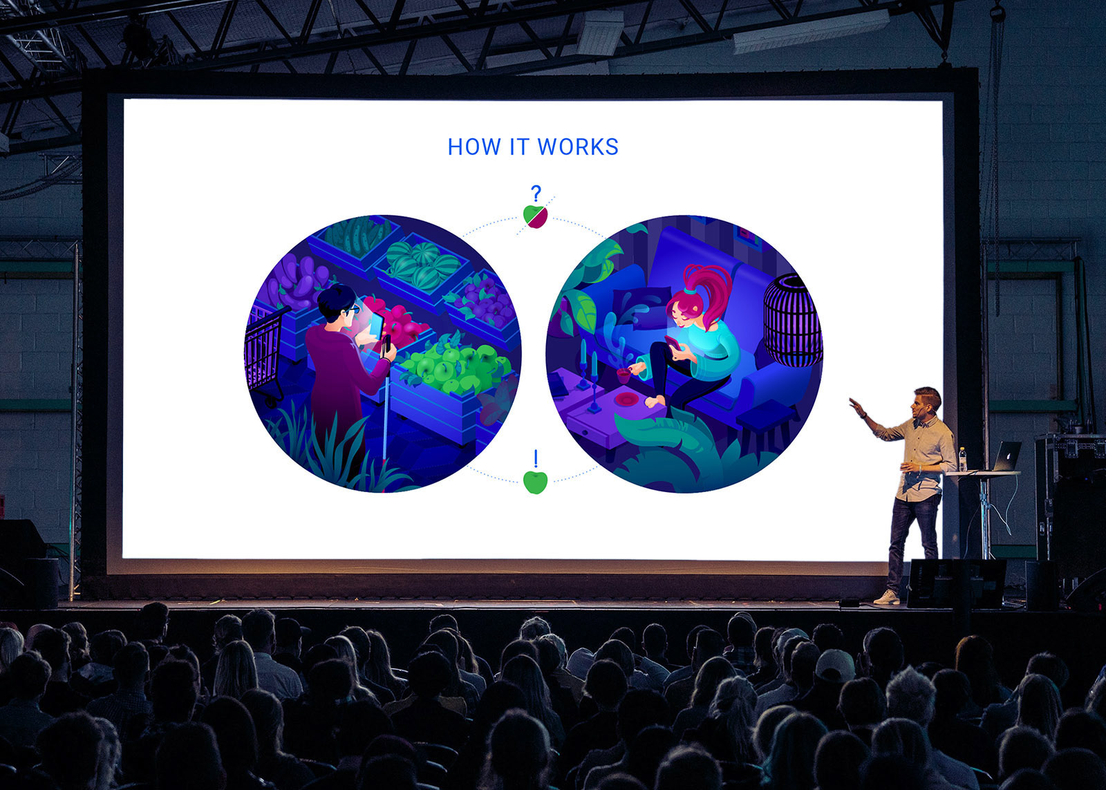 Illustrative explanation of the way the Be My Eyes application works. Presentation mock-up.