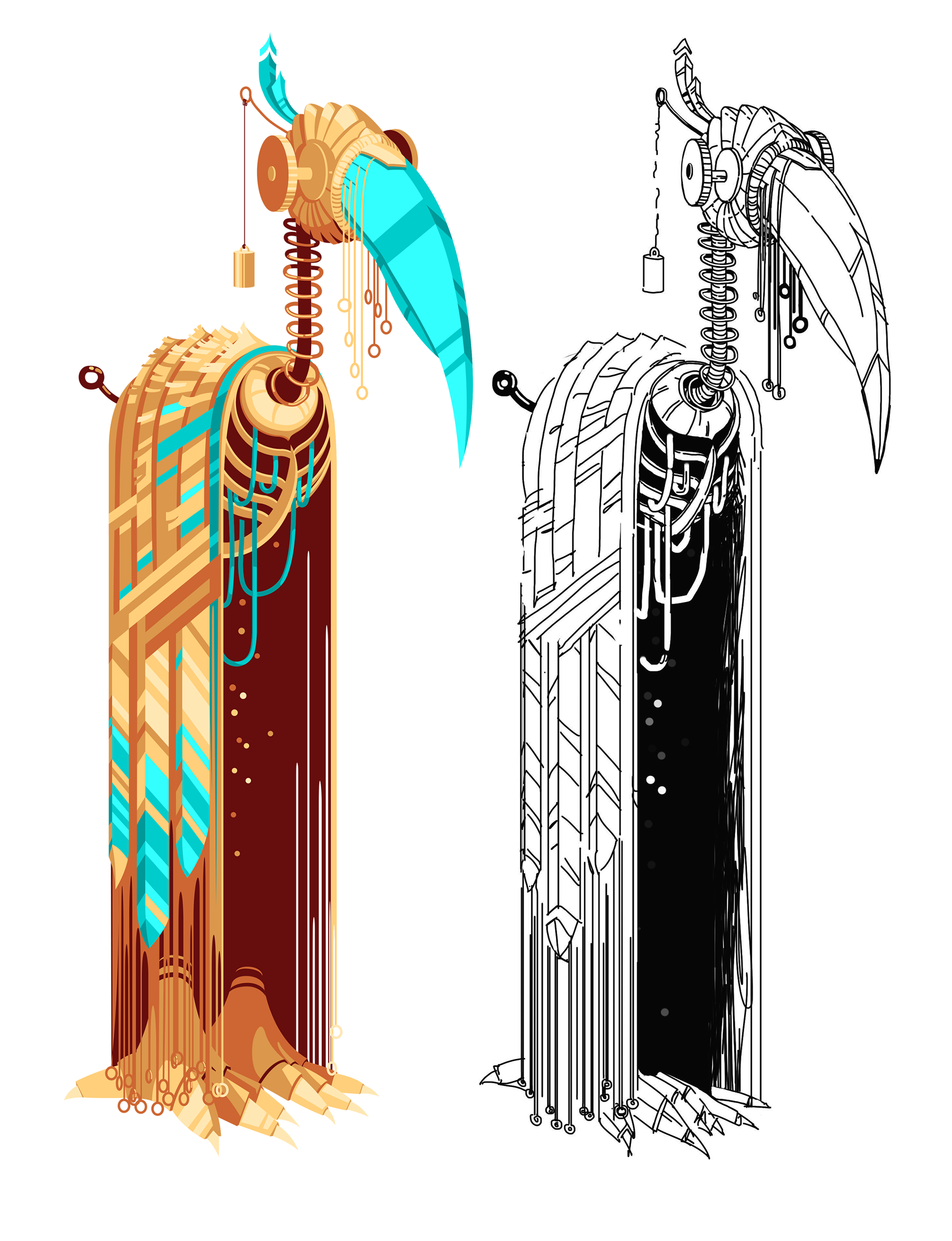 Robot-heron character concept and its sketch.