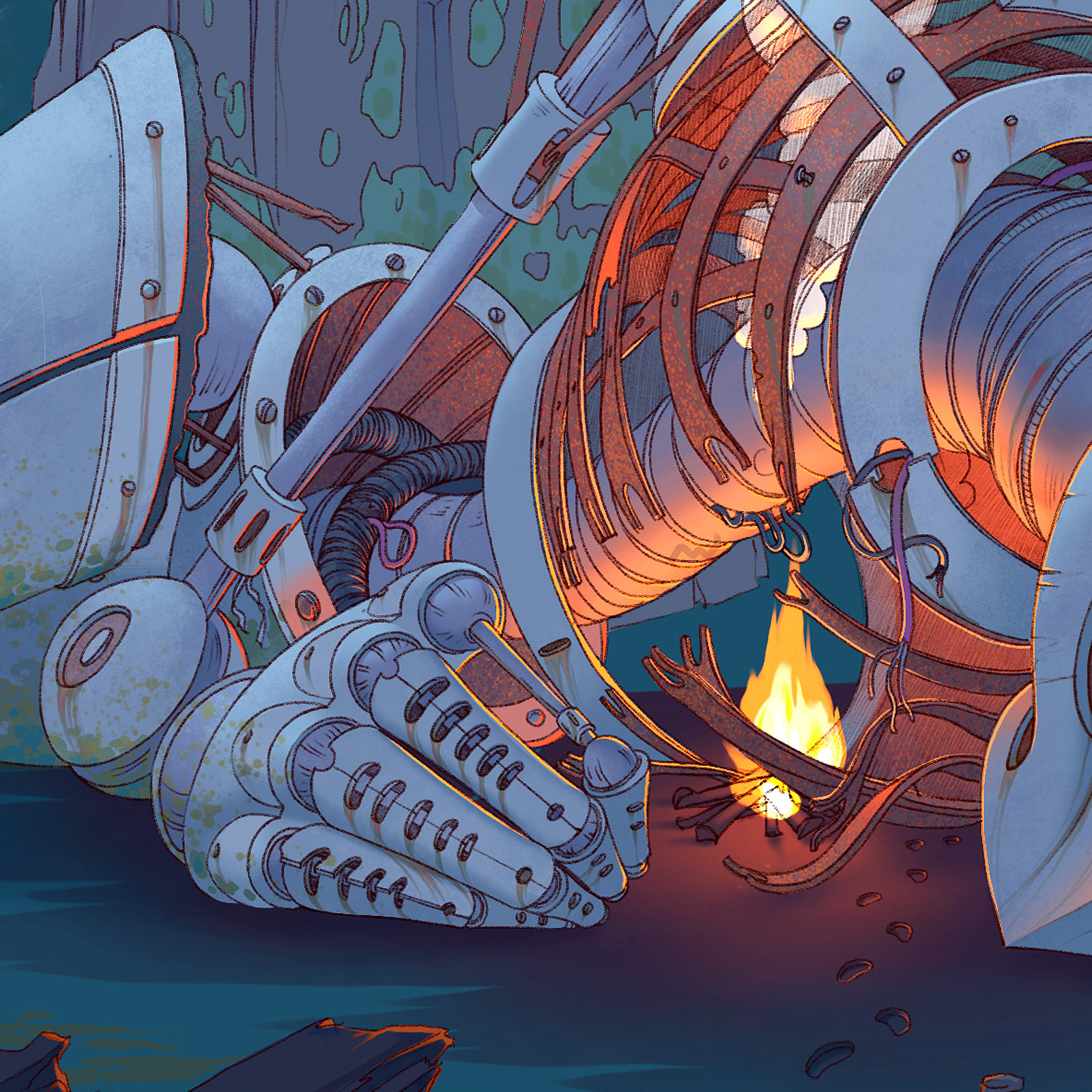 Dead rusting robot lying in a forest. Hand and fire details.