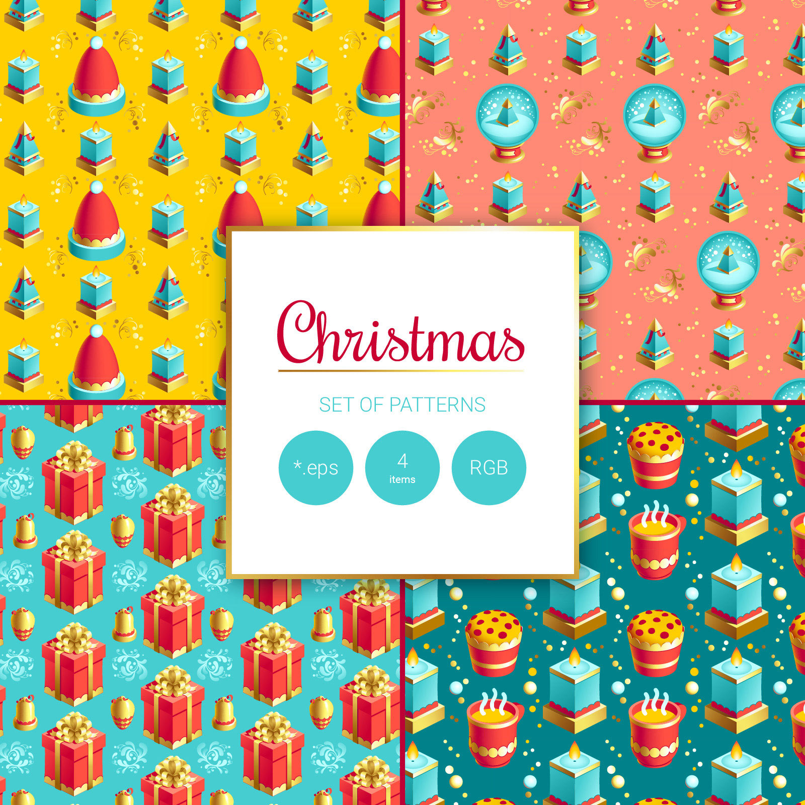 Christmas greetings set. Colored patterns.
