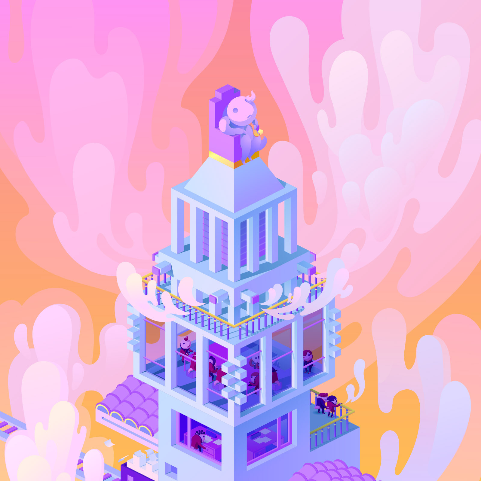 Bureaucracy tower illustration. Top part crop.