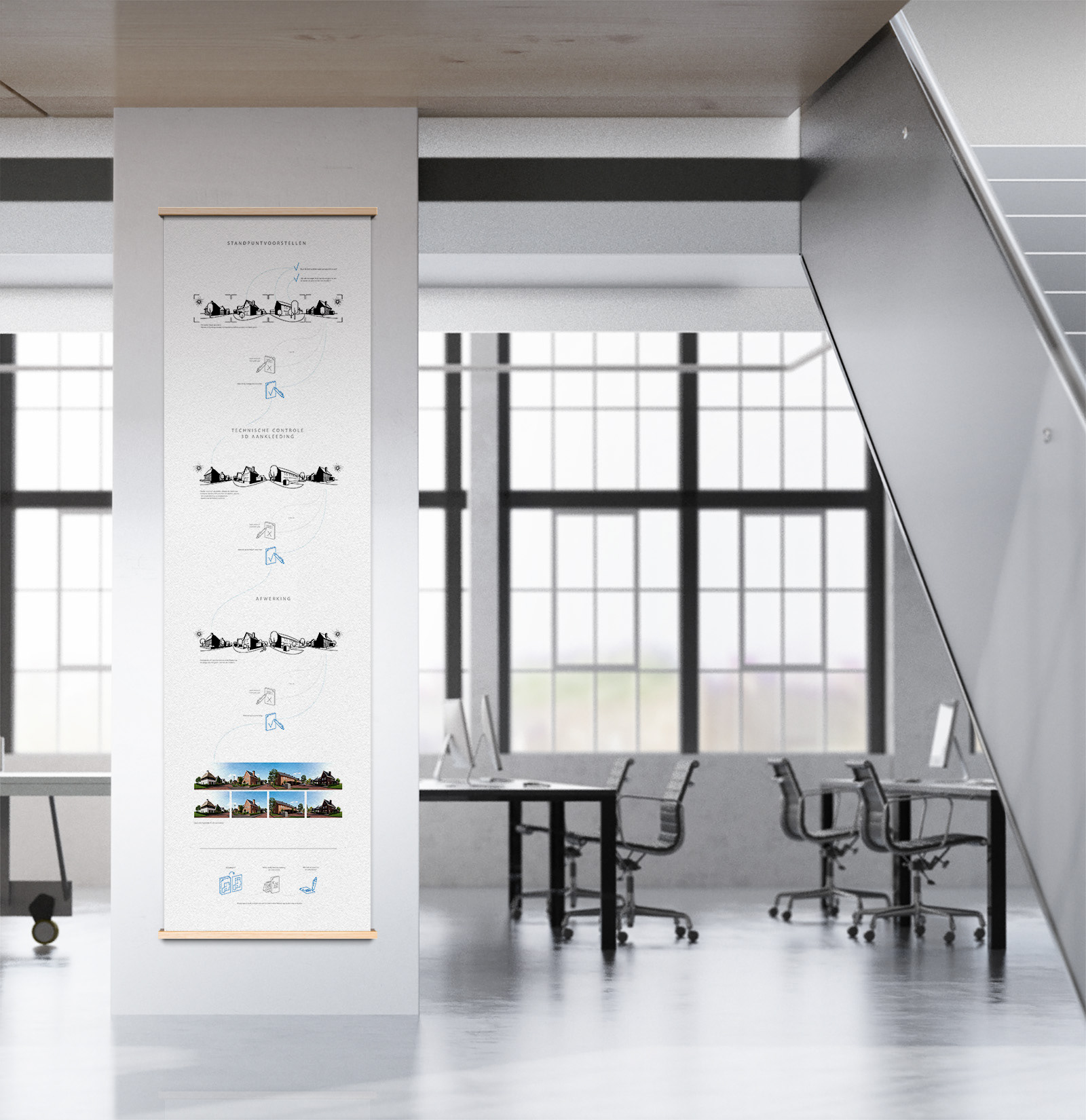 Workflow of architecture visualization of a panorama view. Infographic poster.