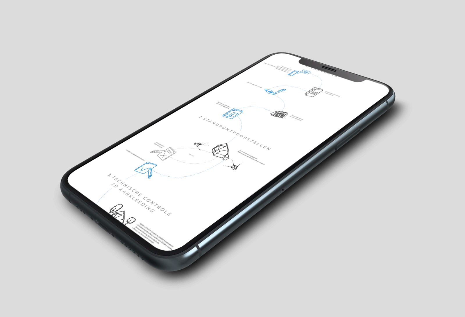 Workflow of architecture visualization infographics, digital publishing layout for mobile devices, phone mock-up..
