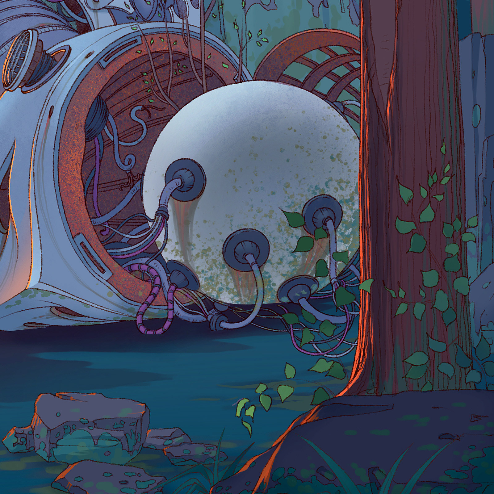 Dead rusting robot lying in a forest. Robot head detail.