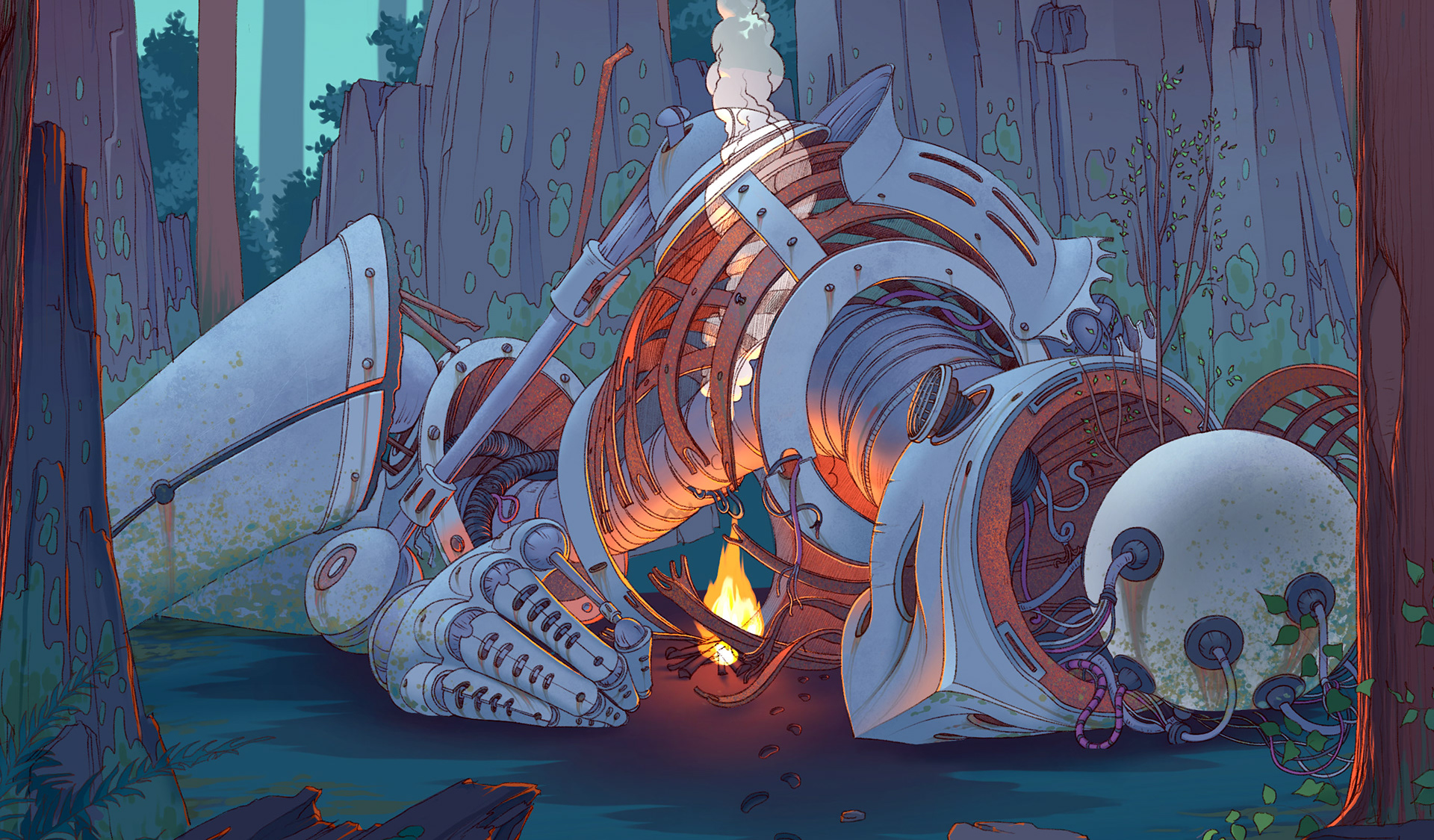 Dead rusting robot lying in a forest. Robot closeup.