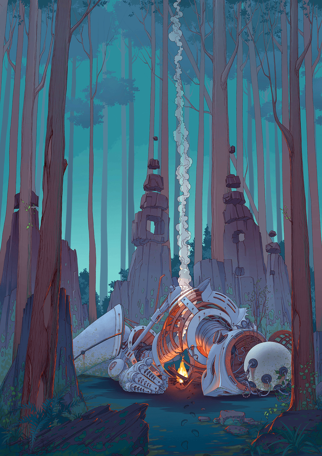 Dead rusting robot lying in a forest. Digital illustration for a story.