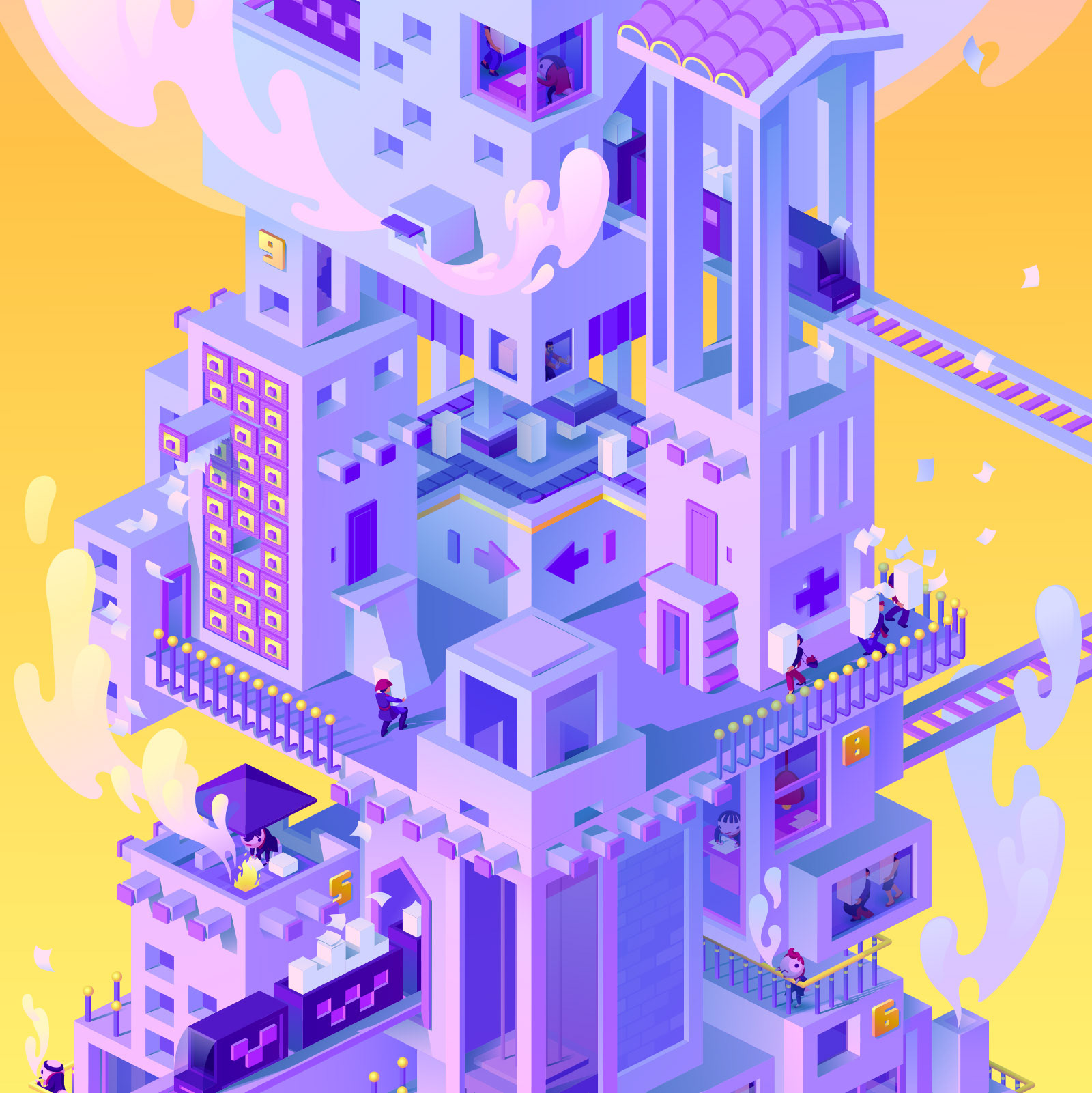 Bureaucracy tower illustration. Middle part crop.