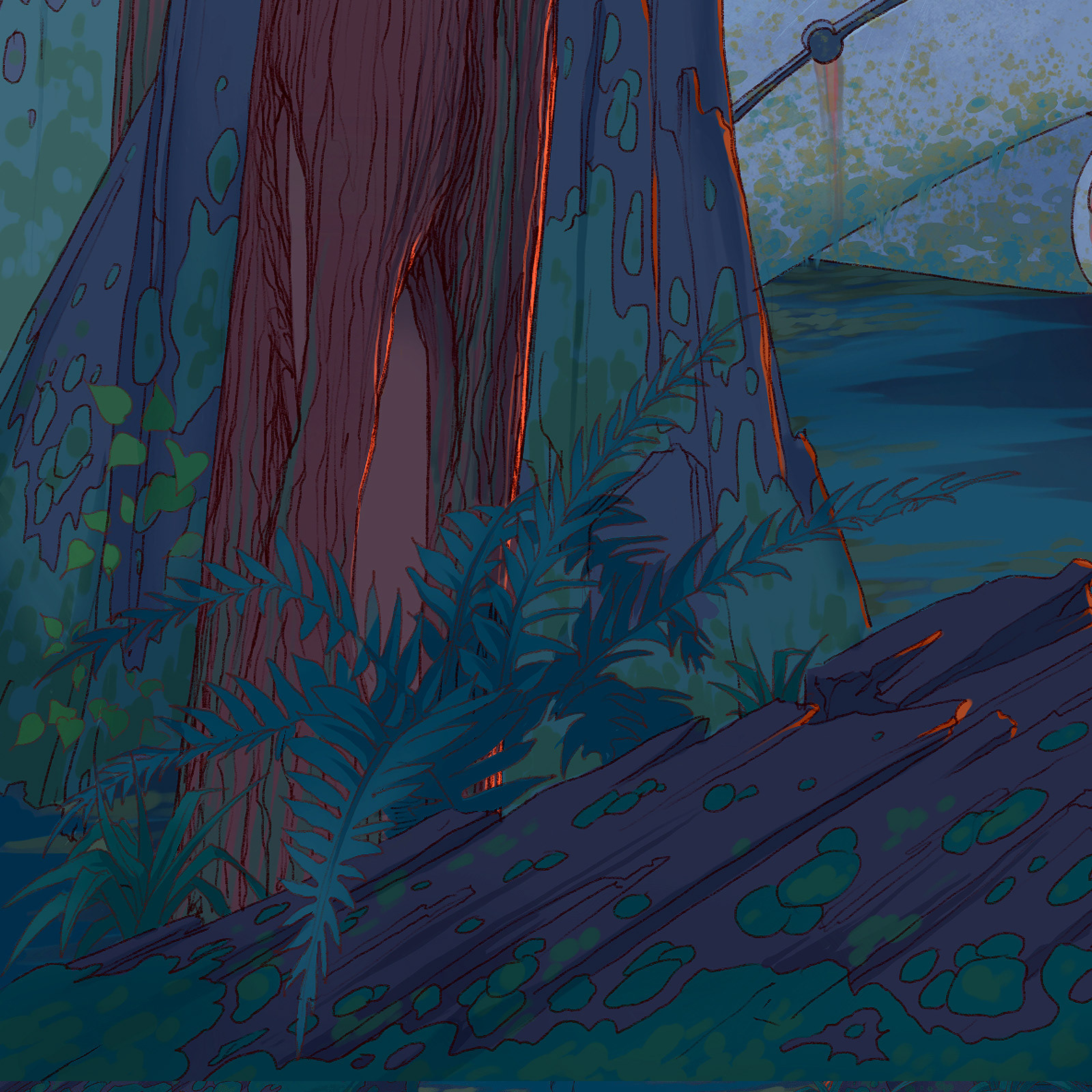 Dead rusting robot lying in a forest. Foreground details.