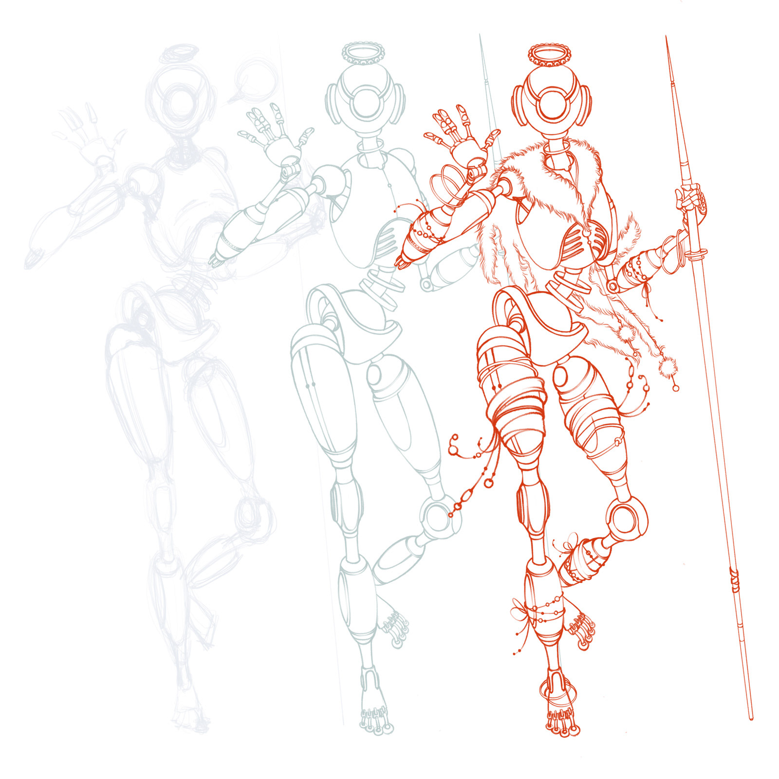 Robot-hunter character. Drawing process.