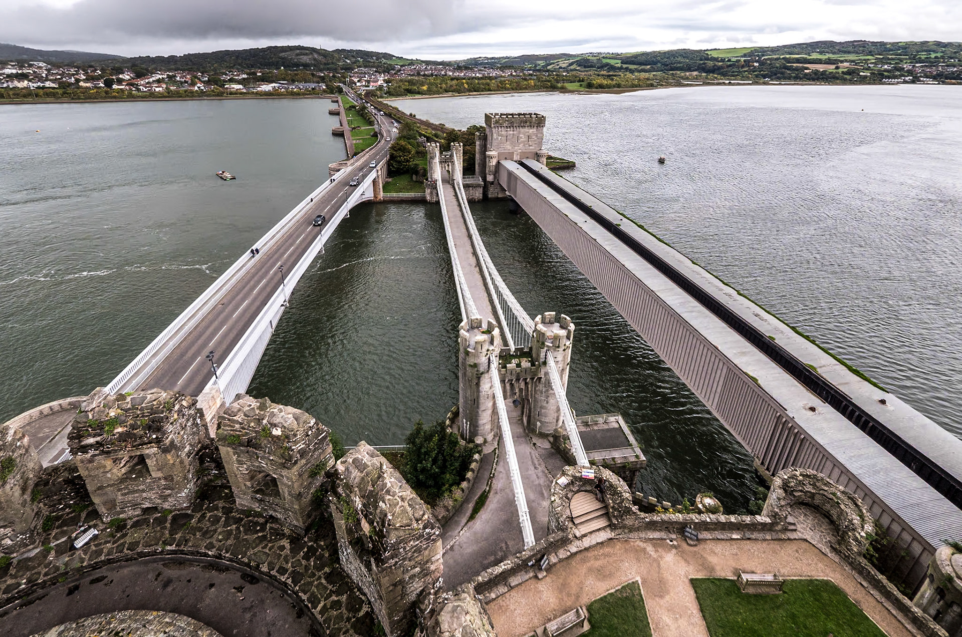 Suspension bridge from Conwy Castle, Wales, 12 Oct 2022