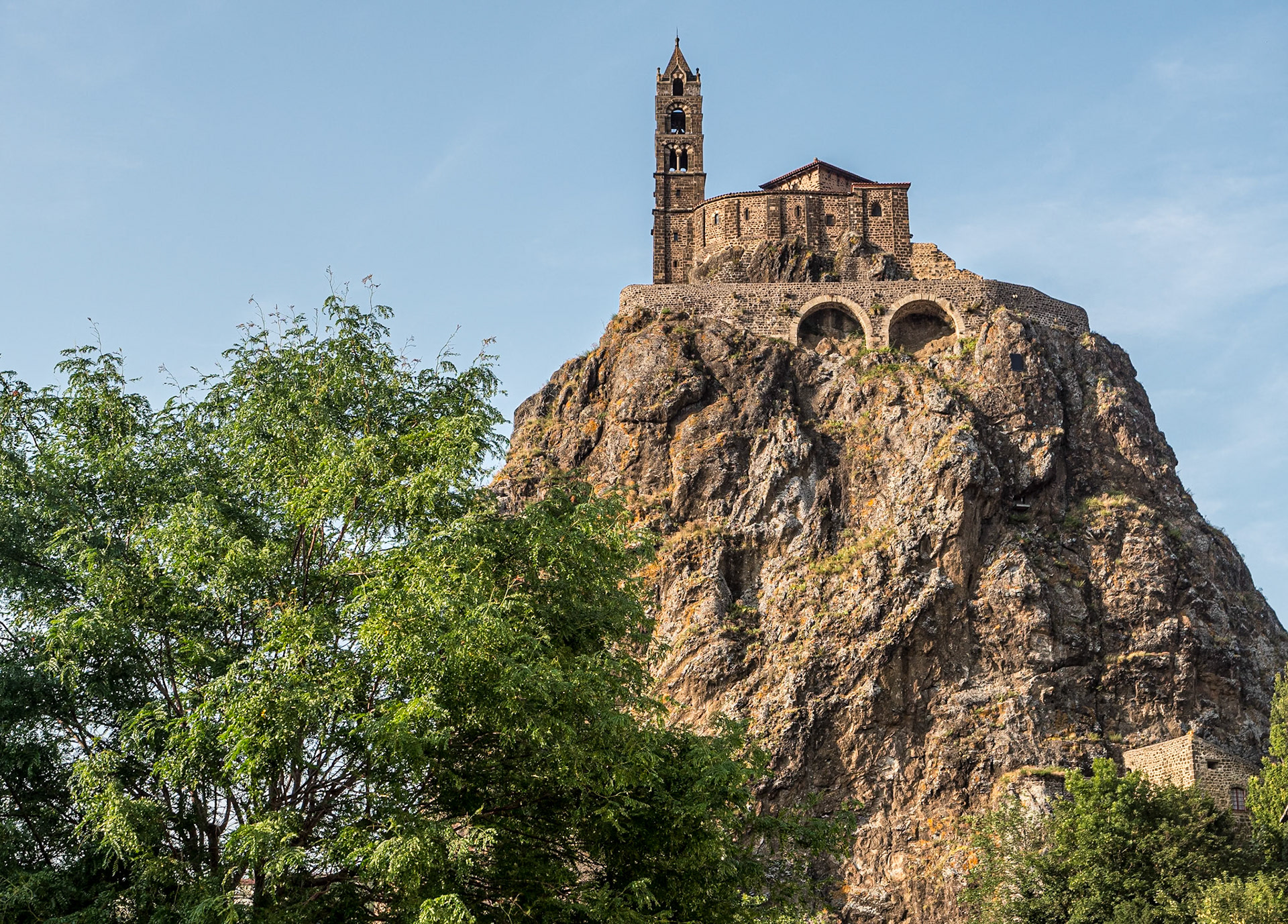 Rocher Saint-Michel d'Aiguilhe, from Avenue de Bonneville, Puy-en-Velay, France, 24 Jul 2024