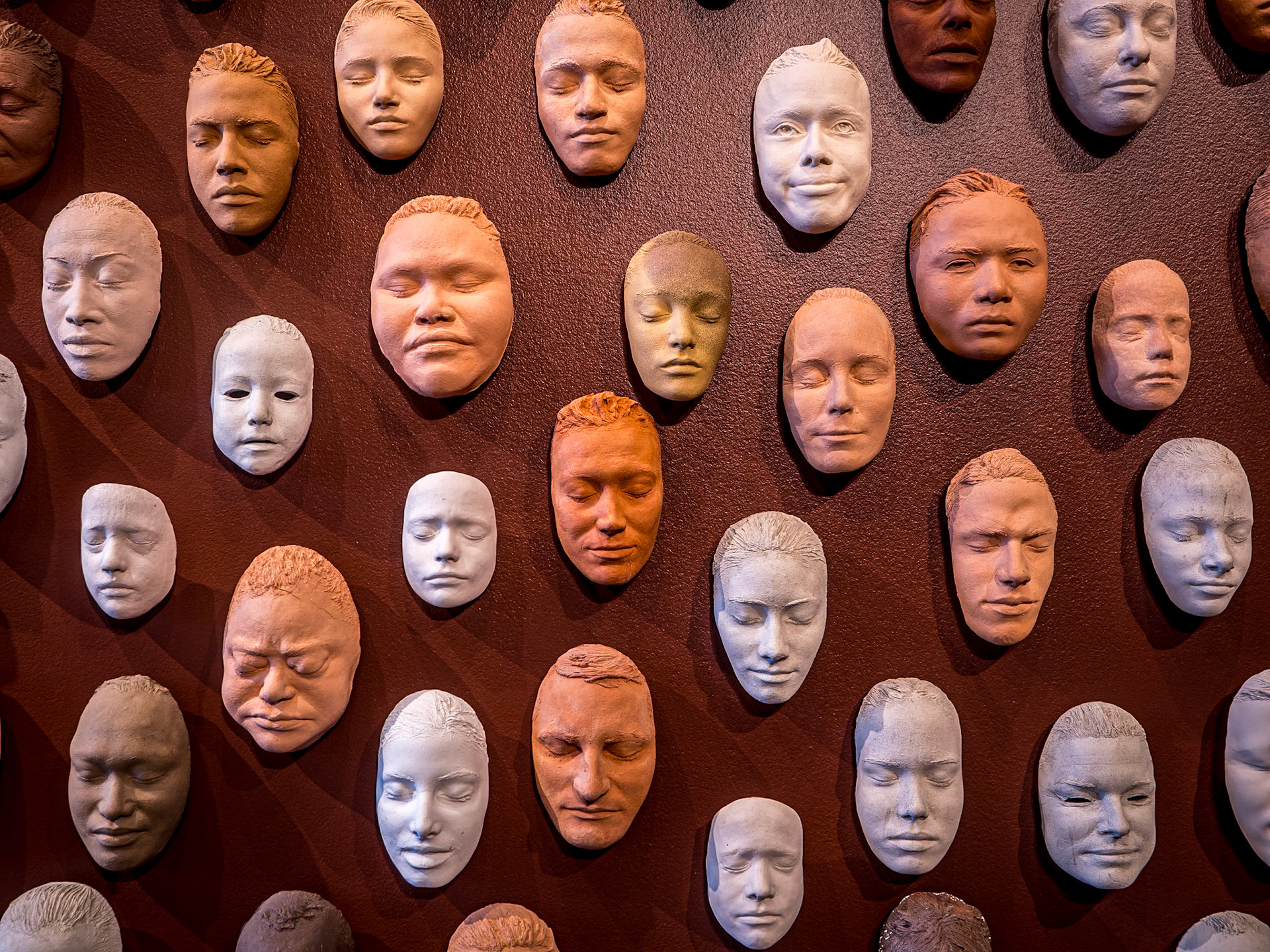 Wall of masks by Ruth Asawa, Cantor Arts Center at Stanford University, California, 2 Feb 2024