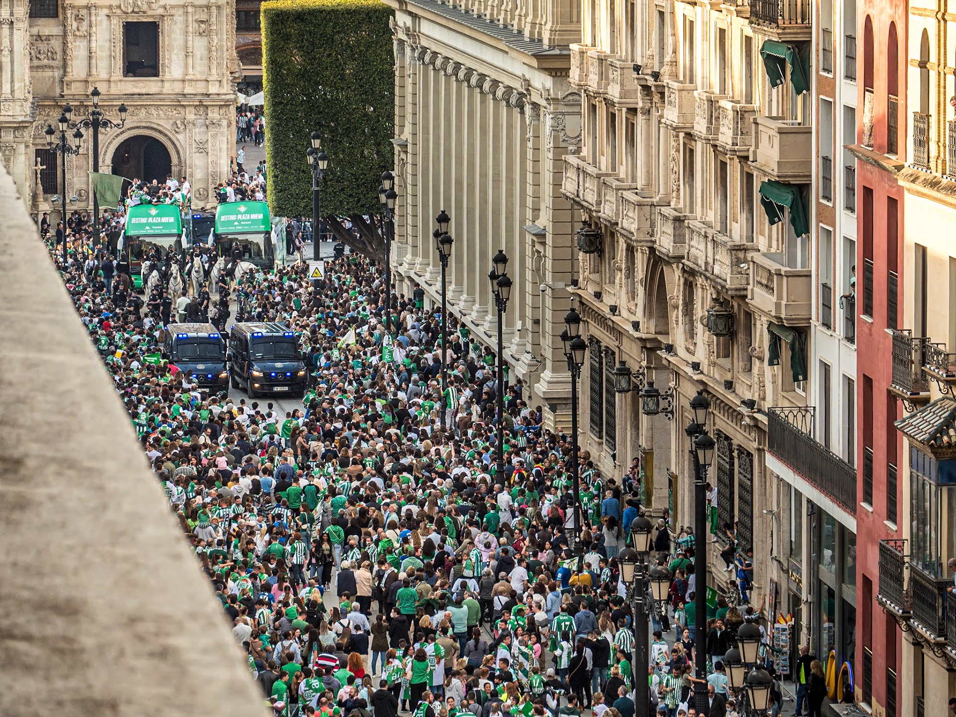 Football celebrations from roof of Catedral Boutique hotel, Avenida de la Constitución, Seville, 24 Apr 2022