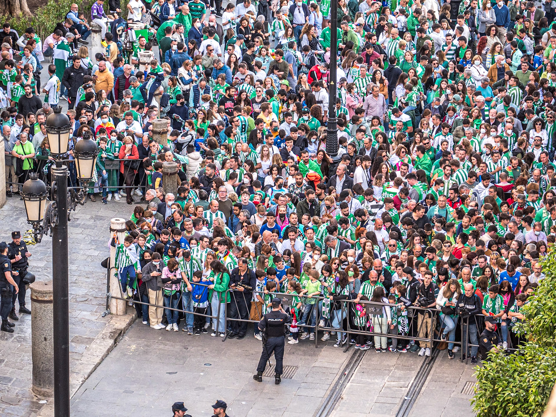 Football celebrations from roof of Catedral Boutique hotel, Avenida de la Constitución, Seville, 24 Apr 2022