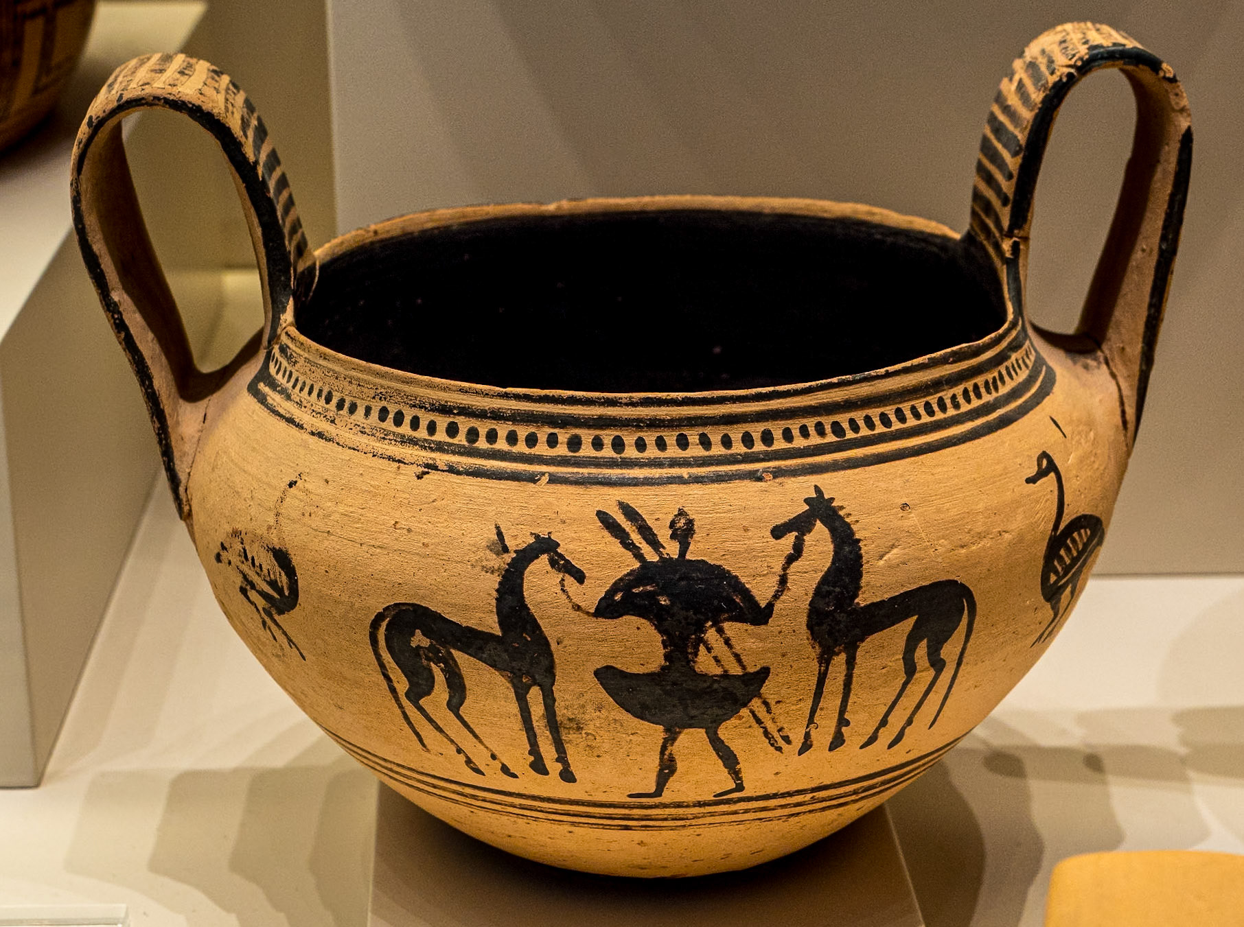 Kantharos with warrior and horses, Tiryns, 730-690BC, Archaeological Museum of Nafplio, Greece, 28 Sep 2024
