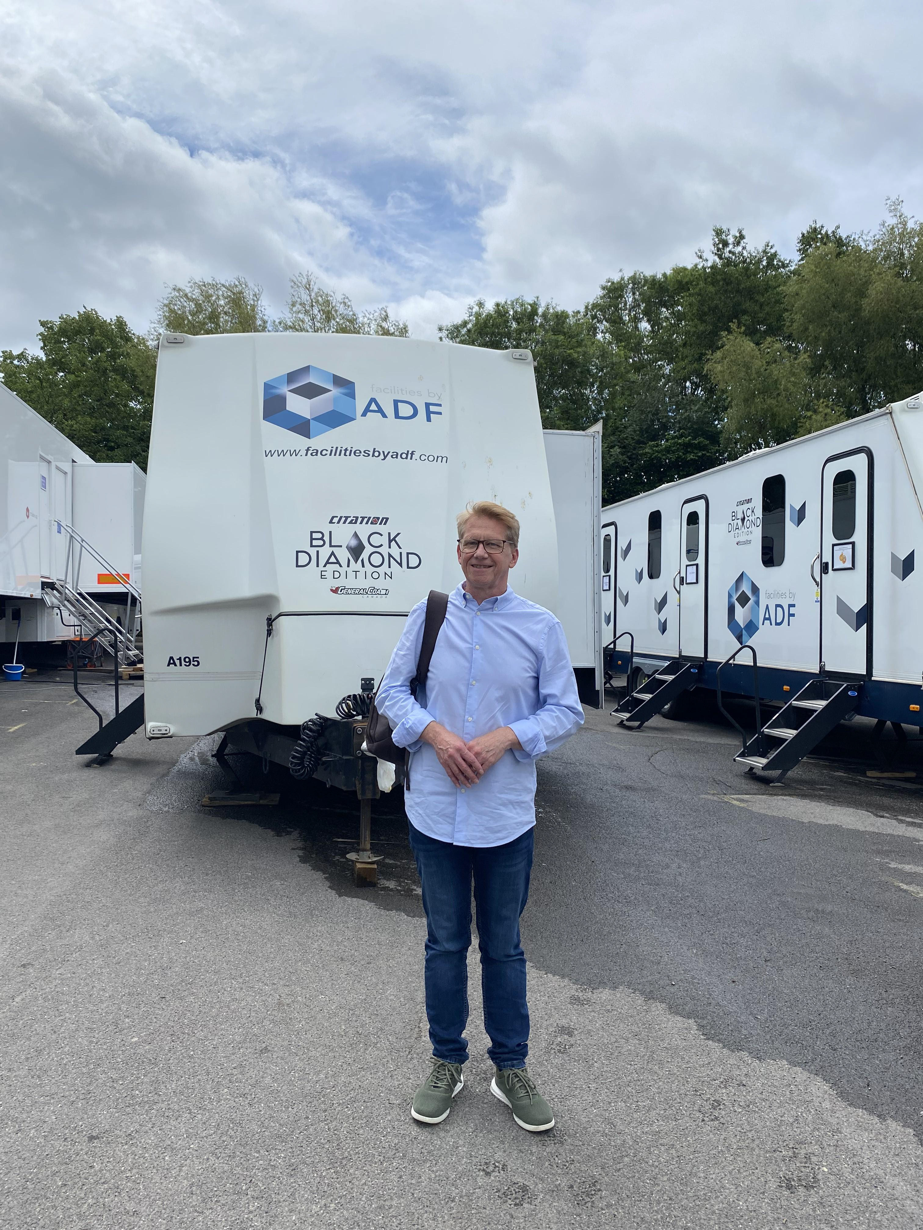 Me standing outside 'my trailer' (I had a trailer!) at BottleYard Studios, Bristol.
