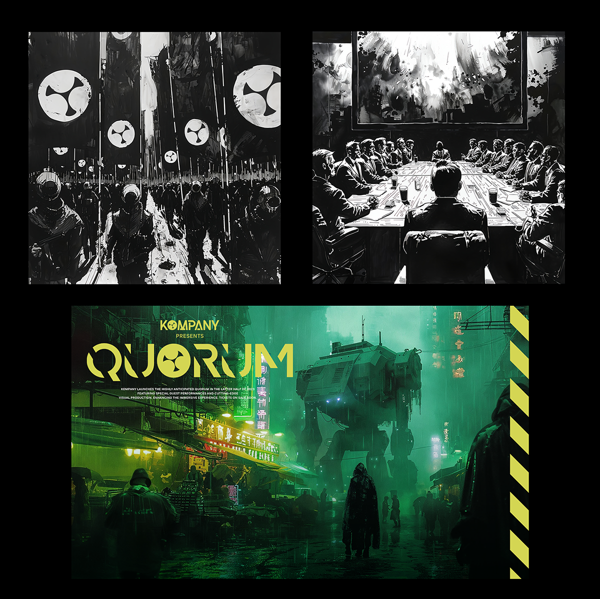 Brand visuals, stage concepts, and event promotions for Kompany, developed by Daniel Jung of Lycaan Creative Agency.