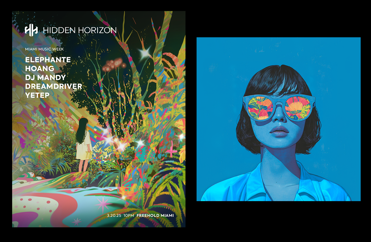 Event branding and promotional design for a Hidden Horizon Records showcase featuring Hoang, Sabai, and Elephante, created by Daniel Jung of Lycaan Creative Agency.