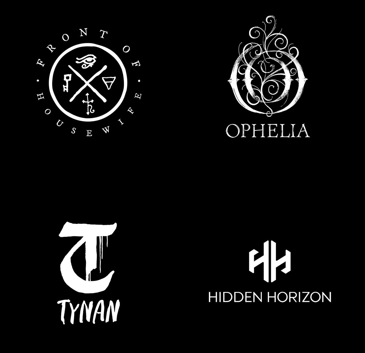 Collection of logo designs for Front of Housewife, Ophelia Records, Tynan, and Hidden Horizon, created by Daniel Jung of Lycaan Creative Agency.