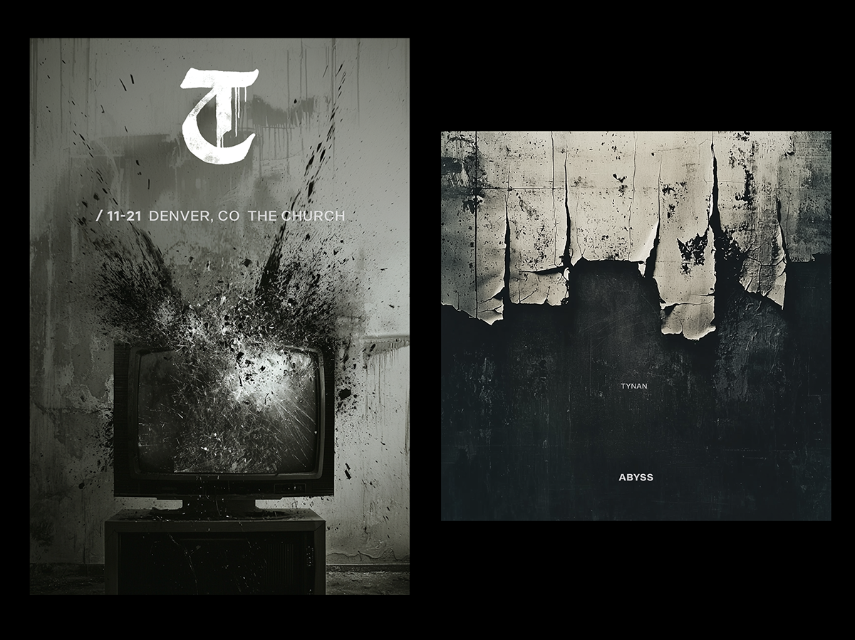 Visual branding, album cover art, and event marketing materials for Tynan, developed by Daniel Jung of Lycaan Creative Agency.