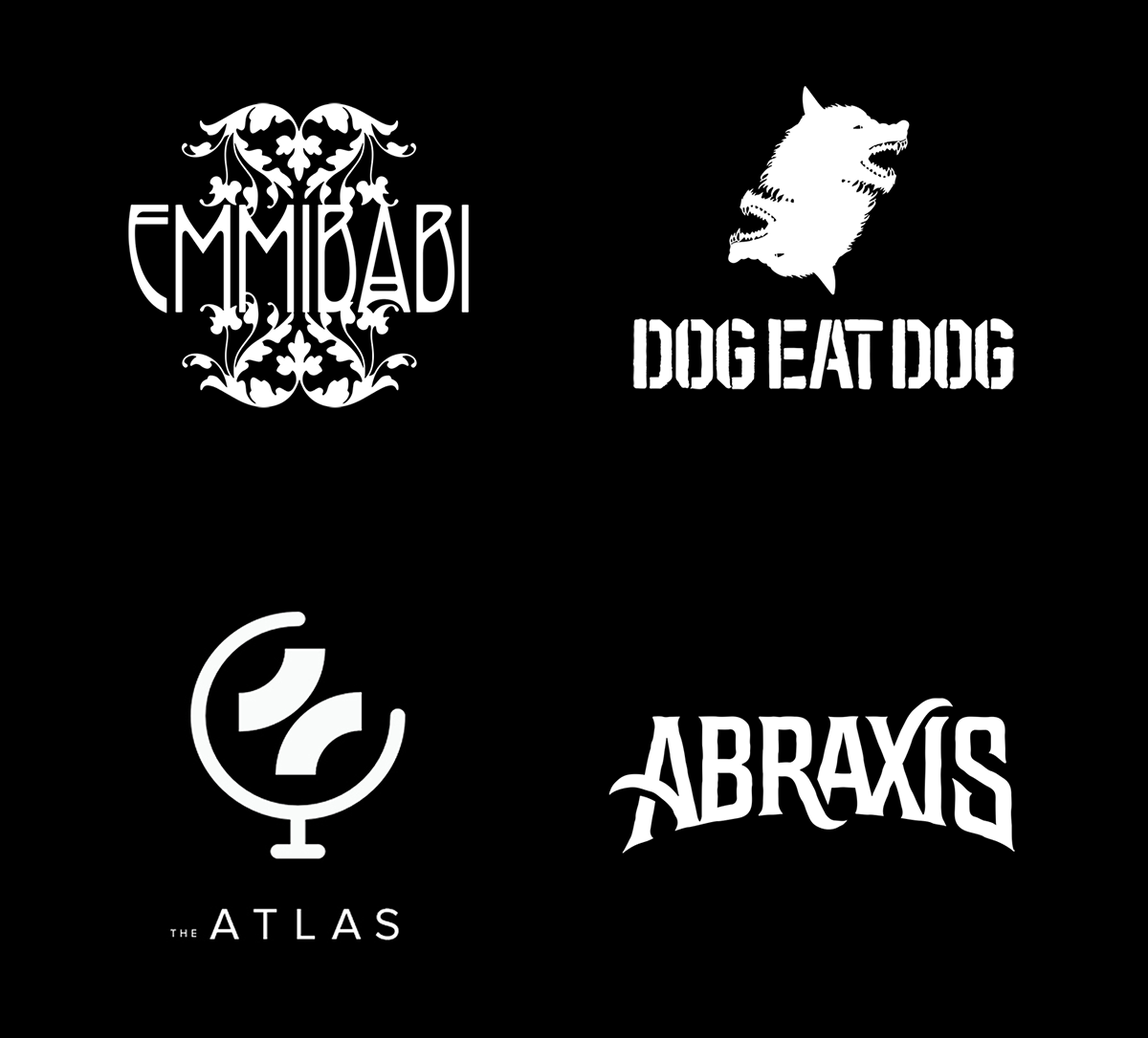 Grouped logo designs for Emmi Babi, Emma Montalvo, Dog Eat Dog, Jason Ross, and Abraxis, created by Daniel Jung of Lycaan Creative Agency.